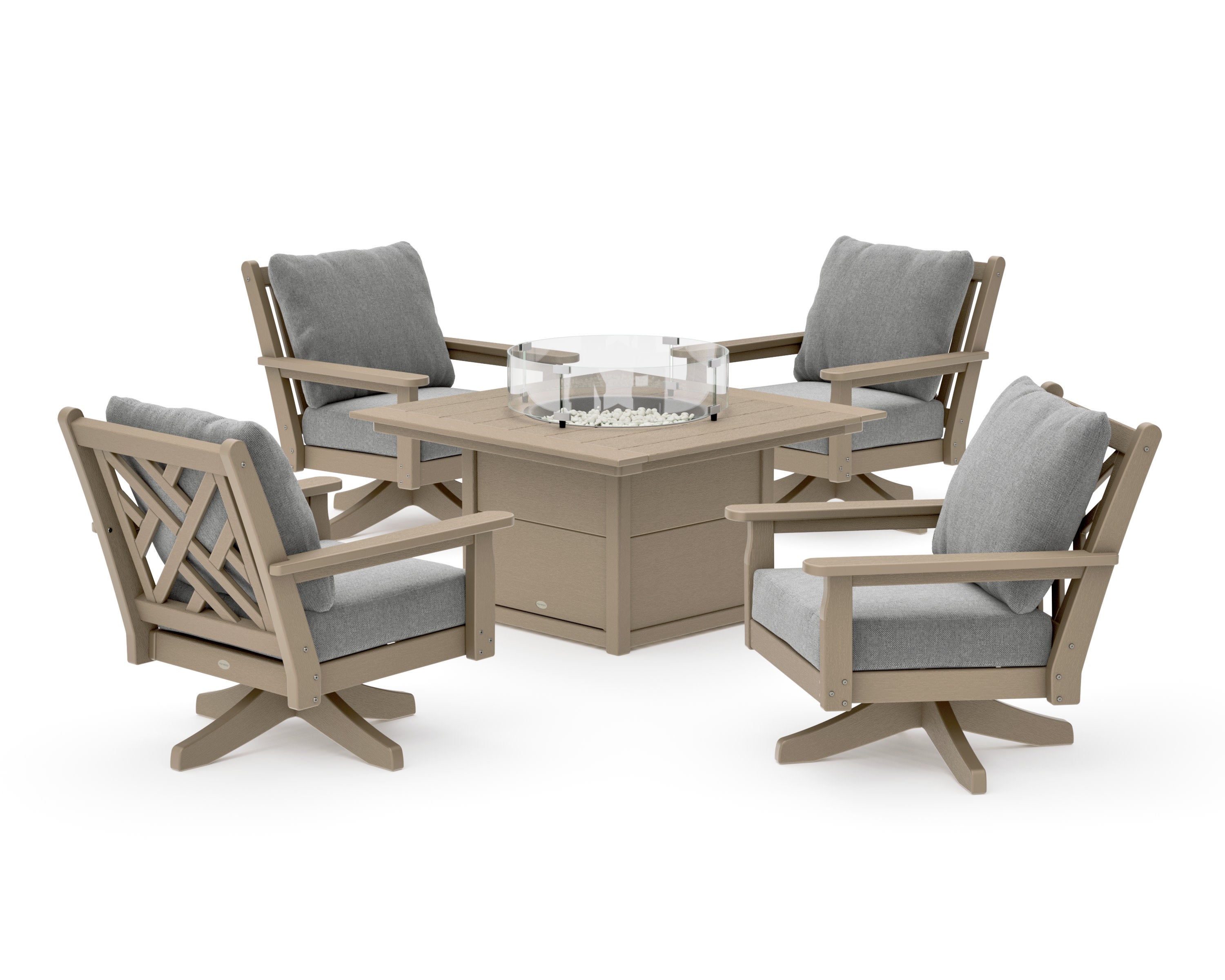 Chippendale 5-Piece Deep Seating Swivel Conversation Set with Fire Pit Table in Vintage Sahara / Grey Mist
