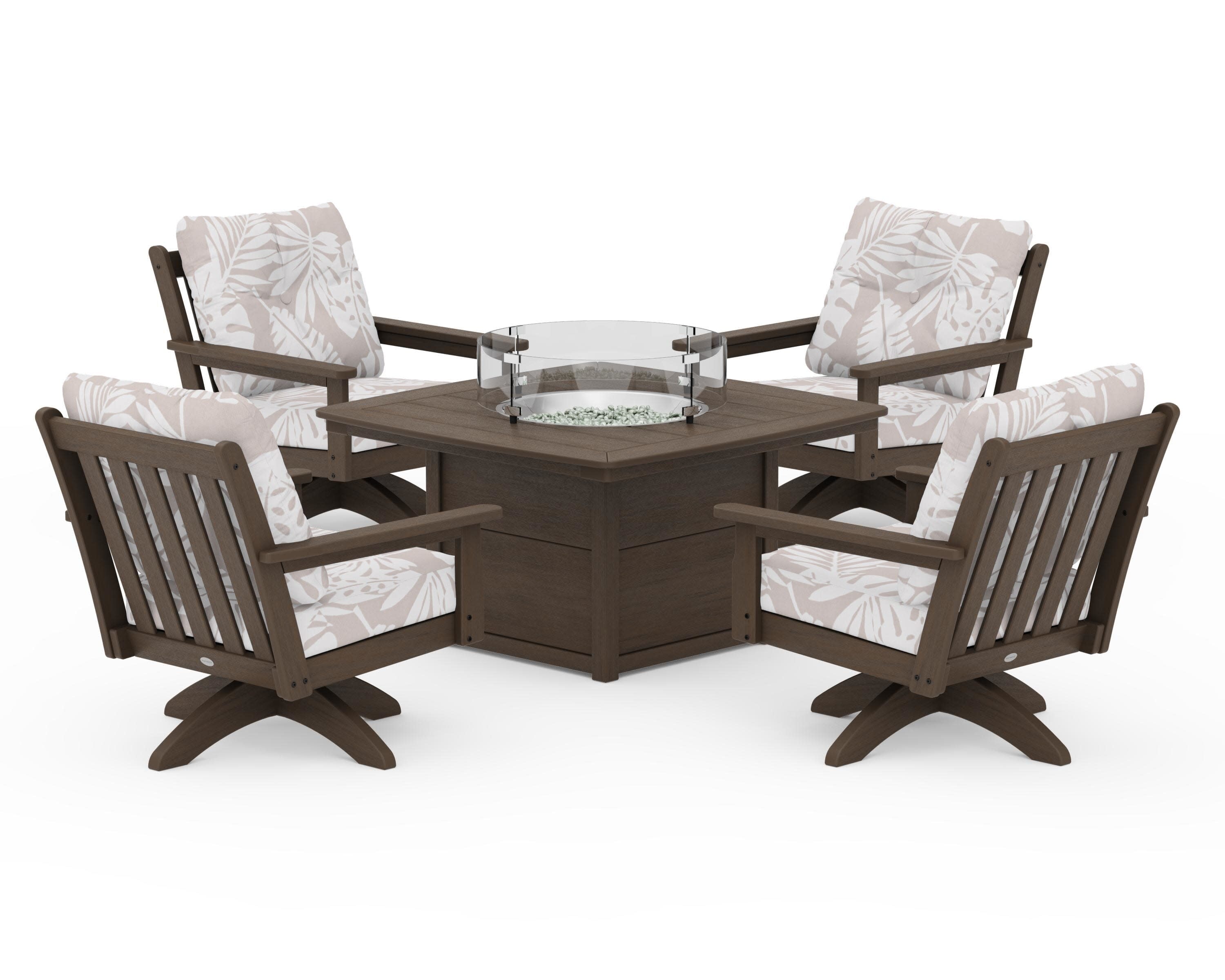 Vineyard 5-Piece Deep Seating Swivel Conversation Set with Fire Pit Table in Kona / Leaf Dune Burlap