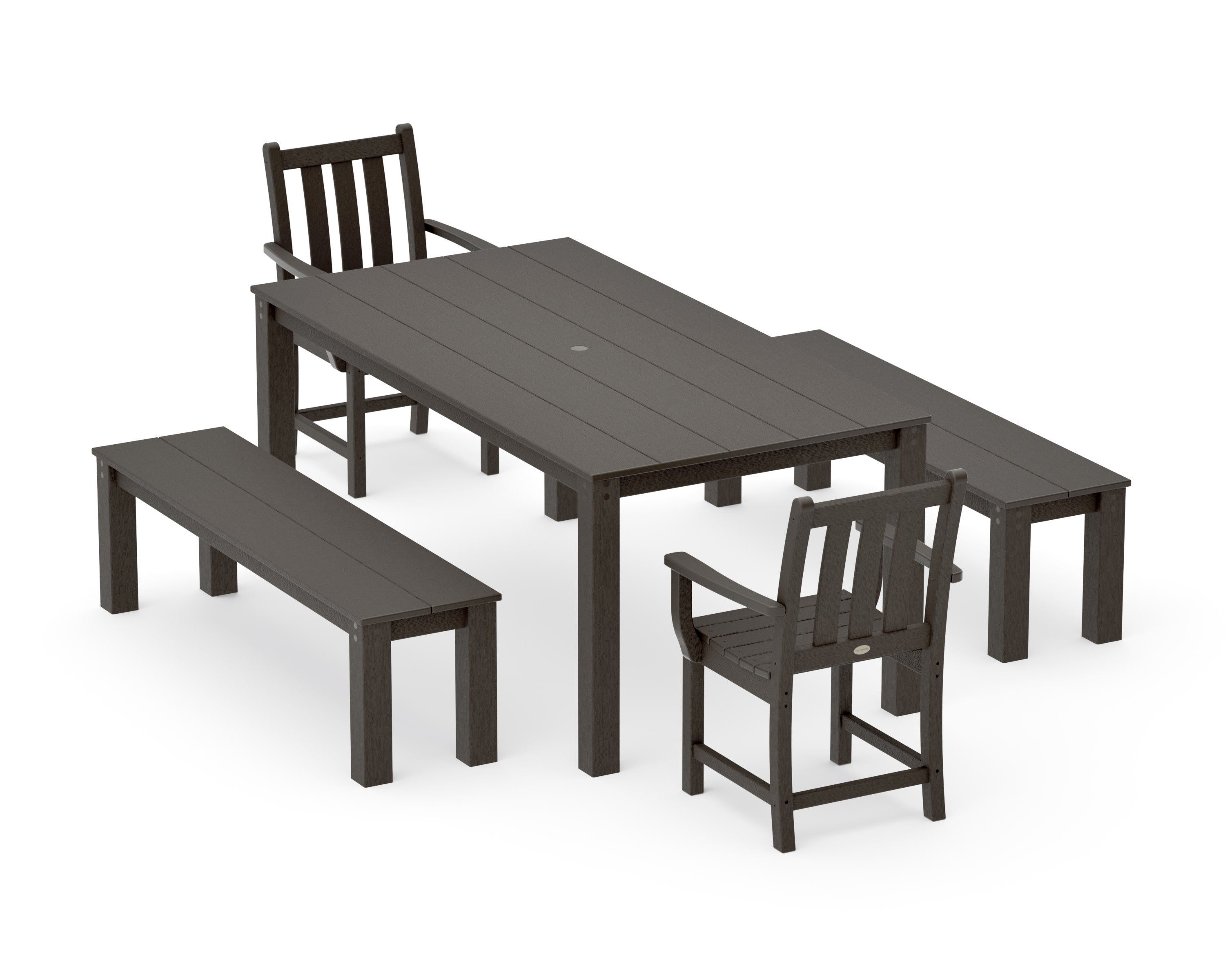 Traditional Garden 5-Piece Parsons Dining Set with Benches in Vintage Coffee