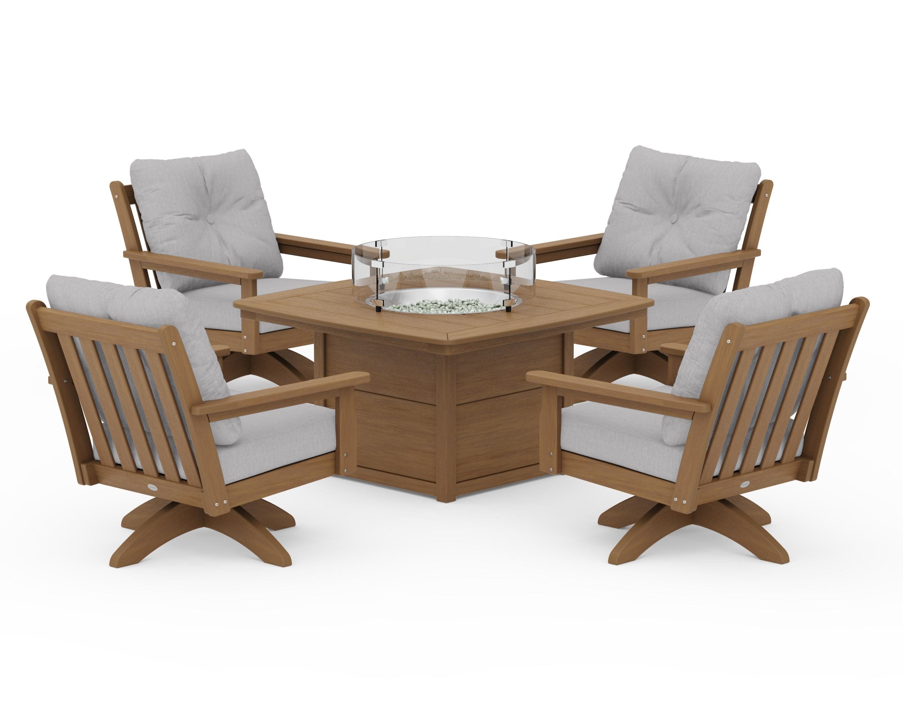 Vineyard 5-Piece Deep Seating Swivel Conversation Set with Fire Pit Table in Natural / Granite