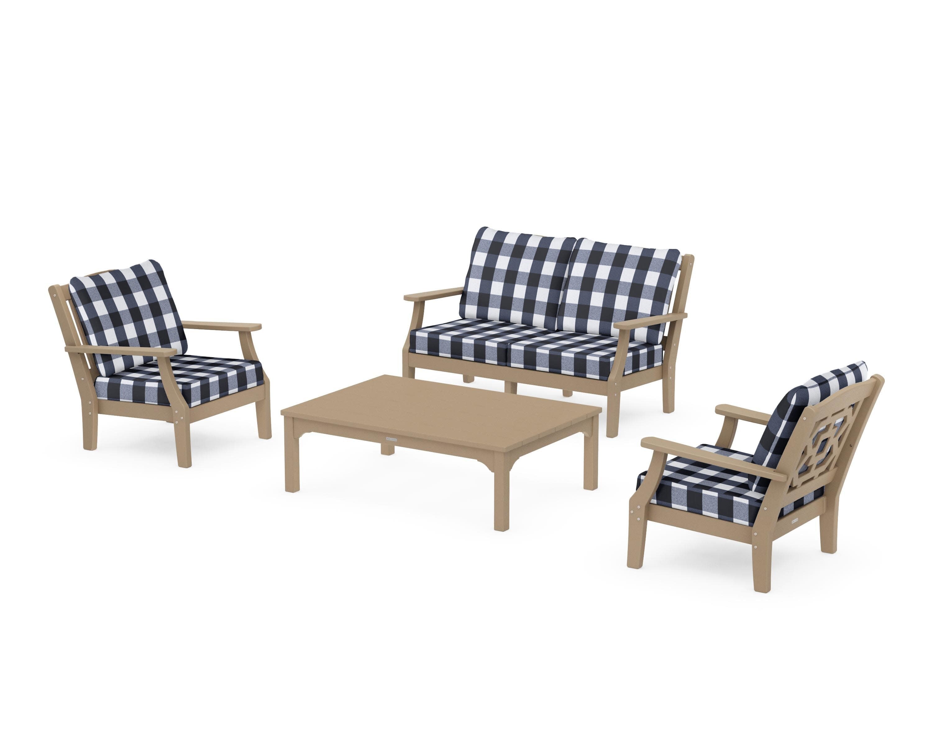 Chinoiserie 4-Piece Deep Seating Set with Loveseat in Vintage Sahara / Buffalo Plaid Marine Indigo