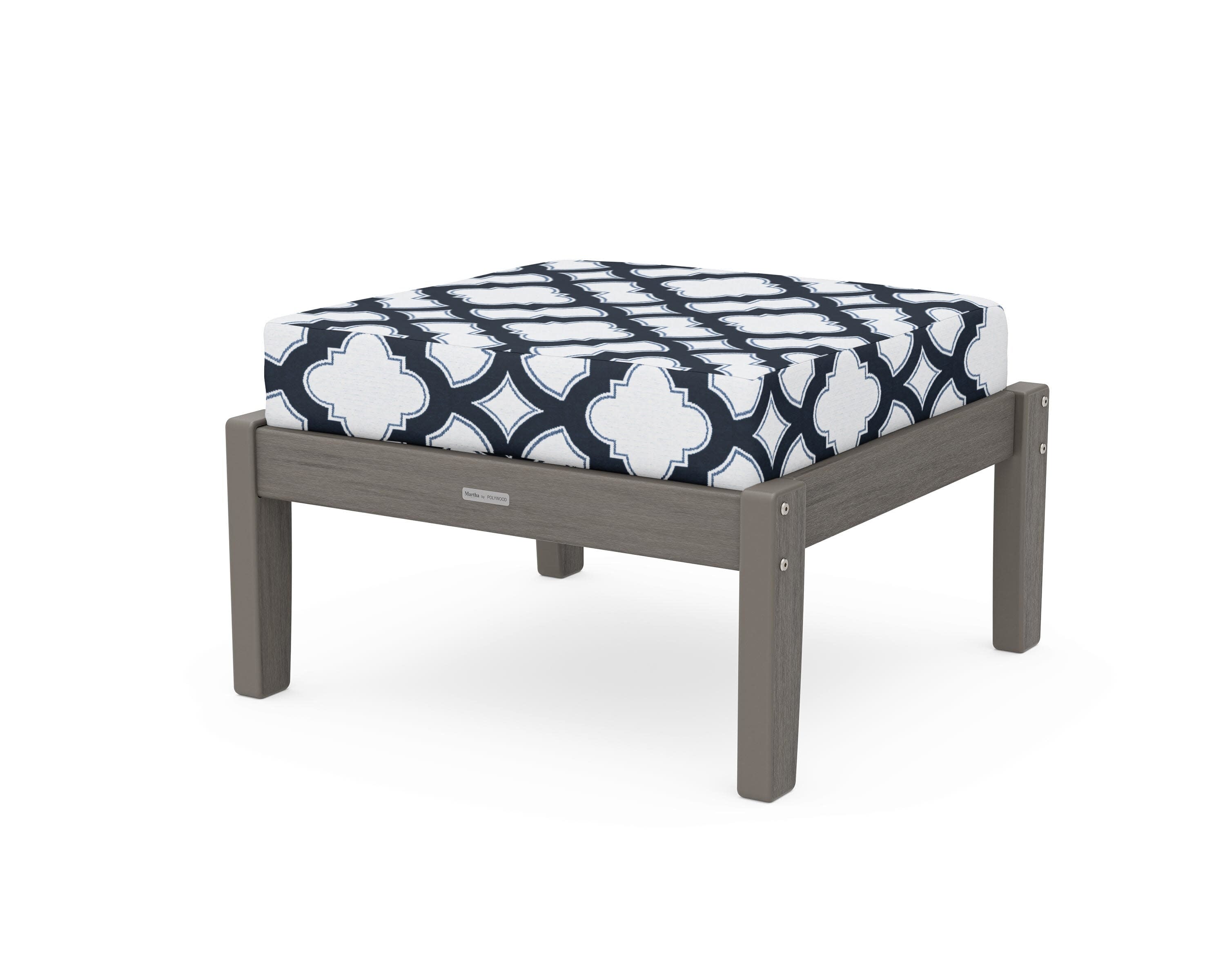Chinoiserie Deep Seating Ottoman in Driftwood / Trellis Marine Indigo