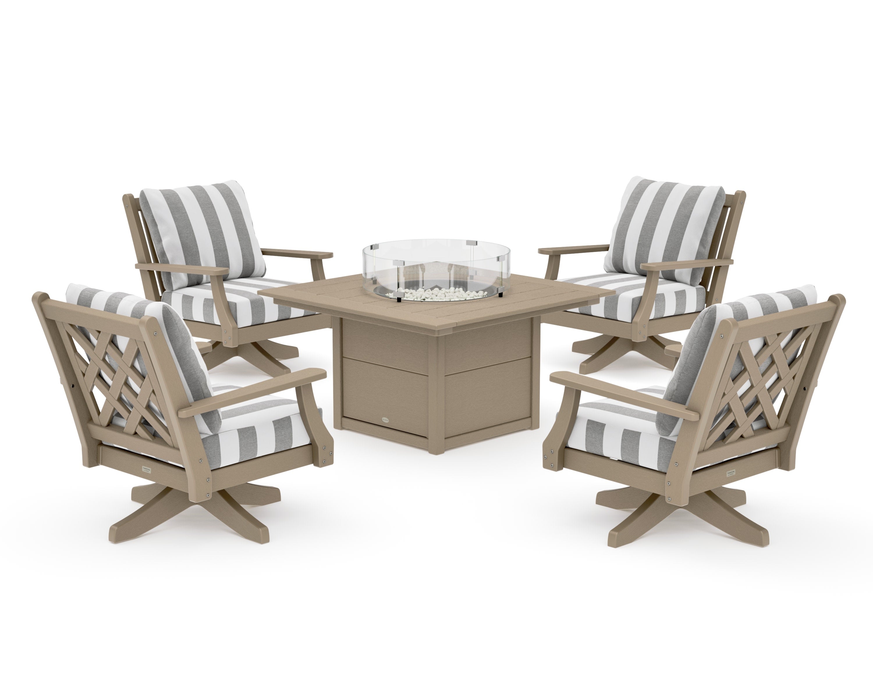 Wovendale 5-Piece Deep Seating Swivel Conversation Set with Fire Pit Table in Vintage Sahara / Cabana Stripe Grey Mist