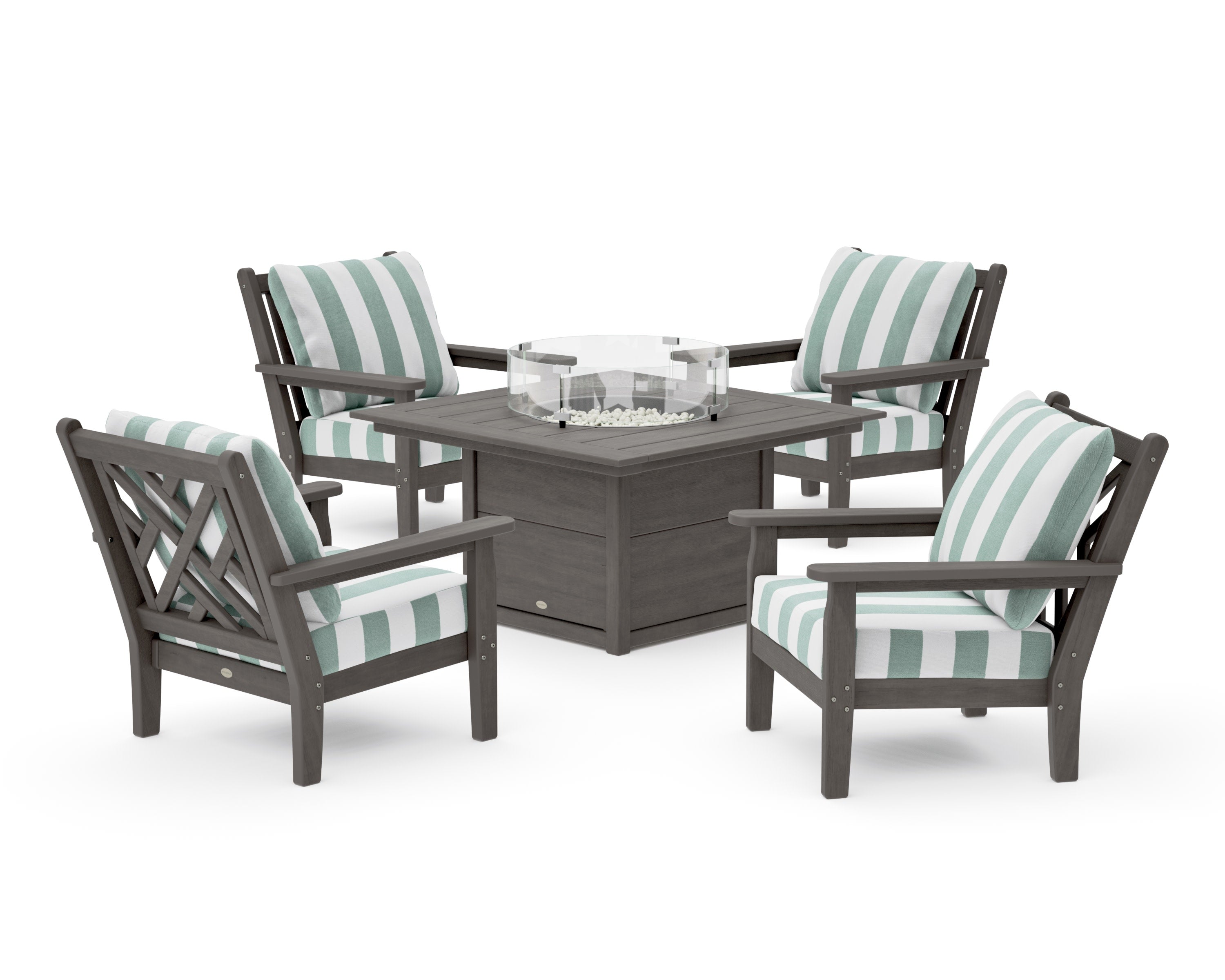 Chippendale 5-Piece Deep Seating Set with Fire Pit Table in Driftwood / Cabana Stripe Glacier Spa