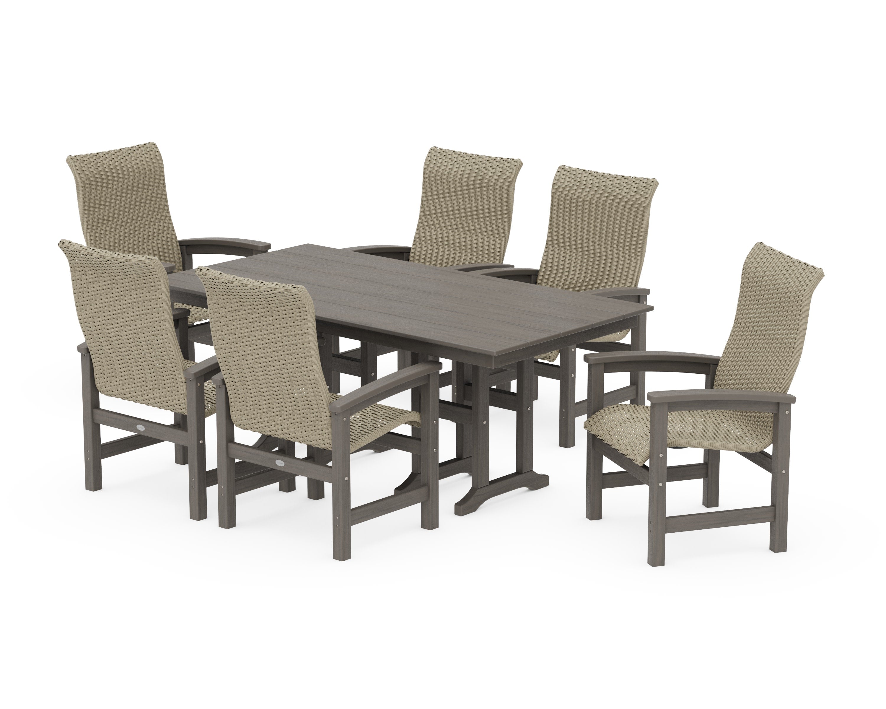 Coastal Woven High-Back Arm Chair 7-Piece Farmhouse Dining Set in Driftwood / Dune Grass