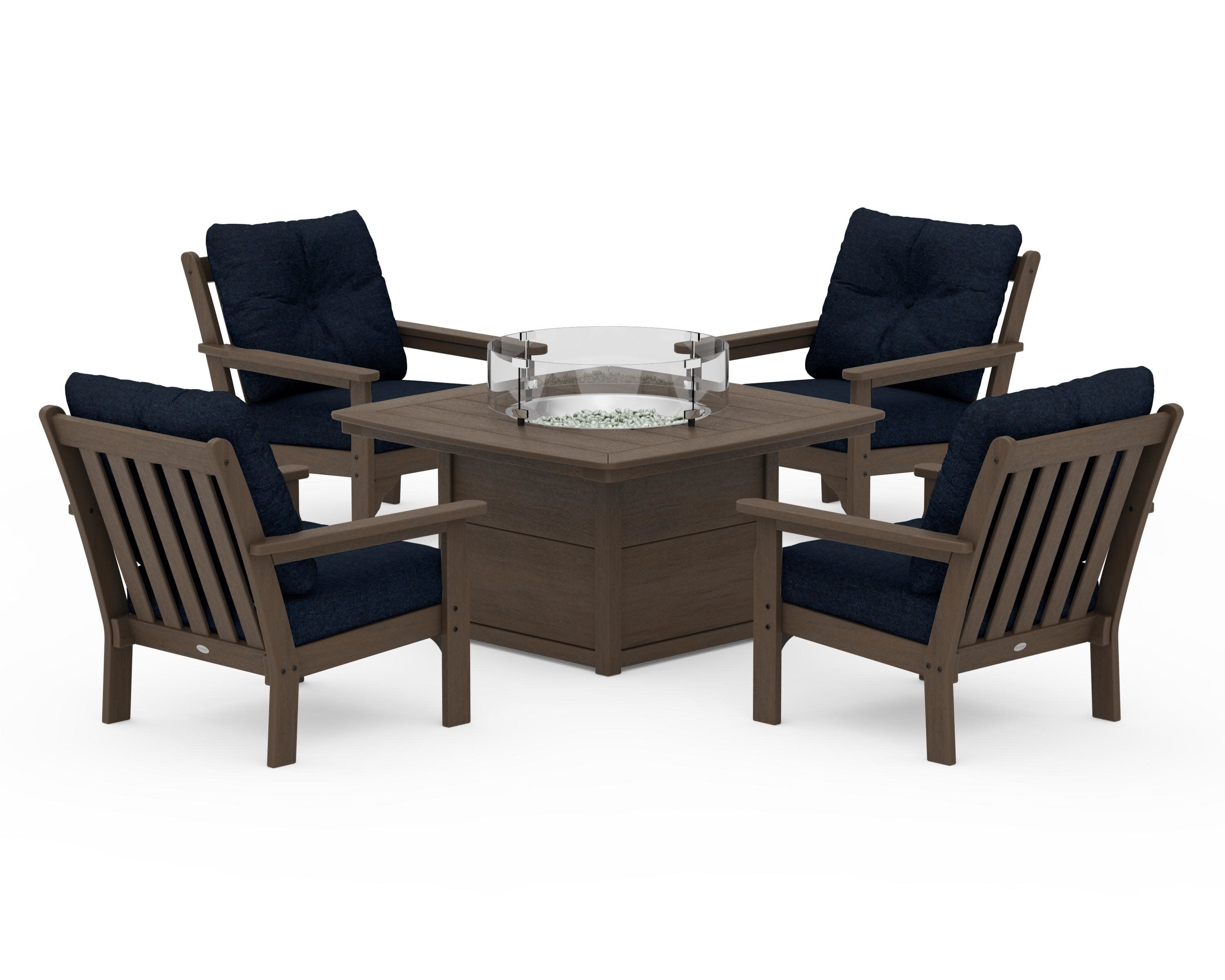 Vineyard 5-Piece Conversation Set with Fire Pit Table in Kona / Marine Indigo