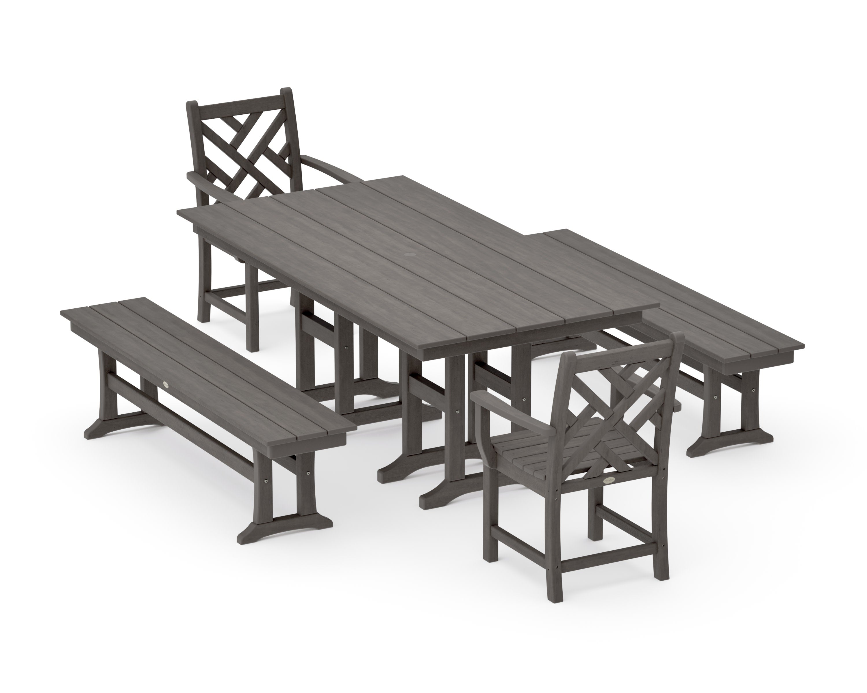 Chippendale 5-Piece Farmhouse Dining Set with Benches in Driftwood