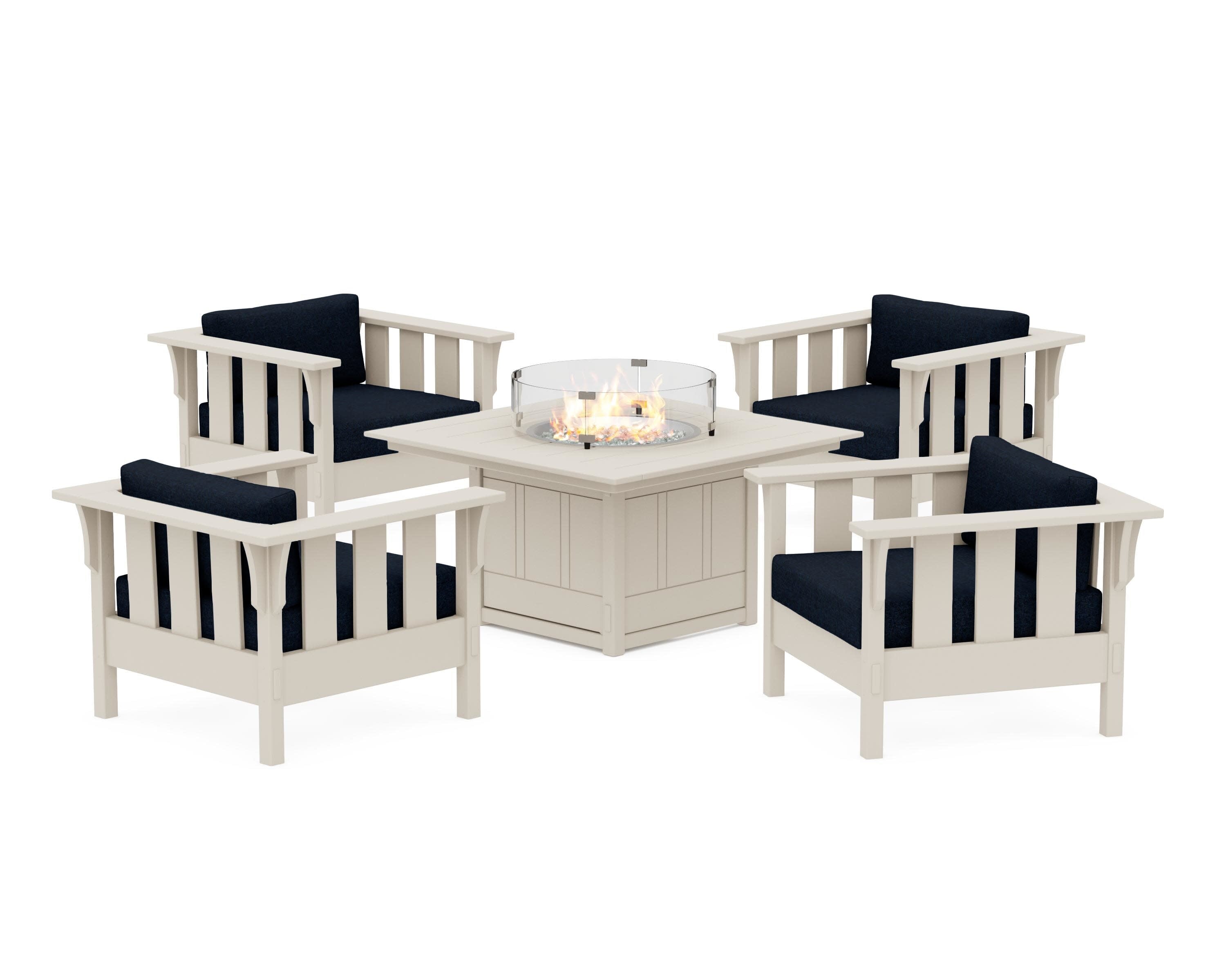 Acadia 5-Piece Deep Seating Set with Fire Pit Table in Sand / Marine Indigo