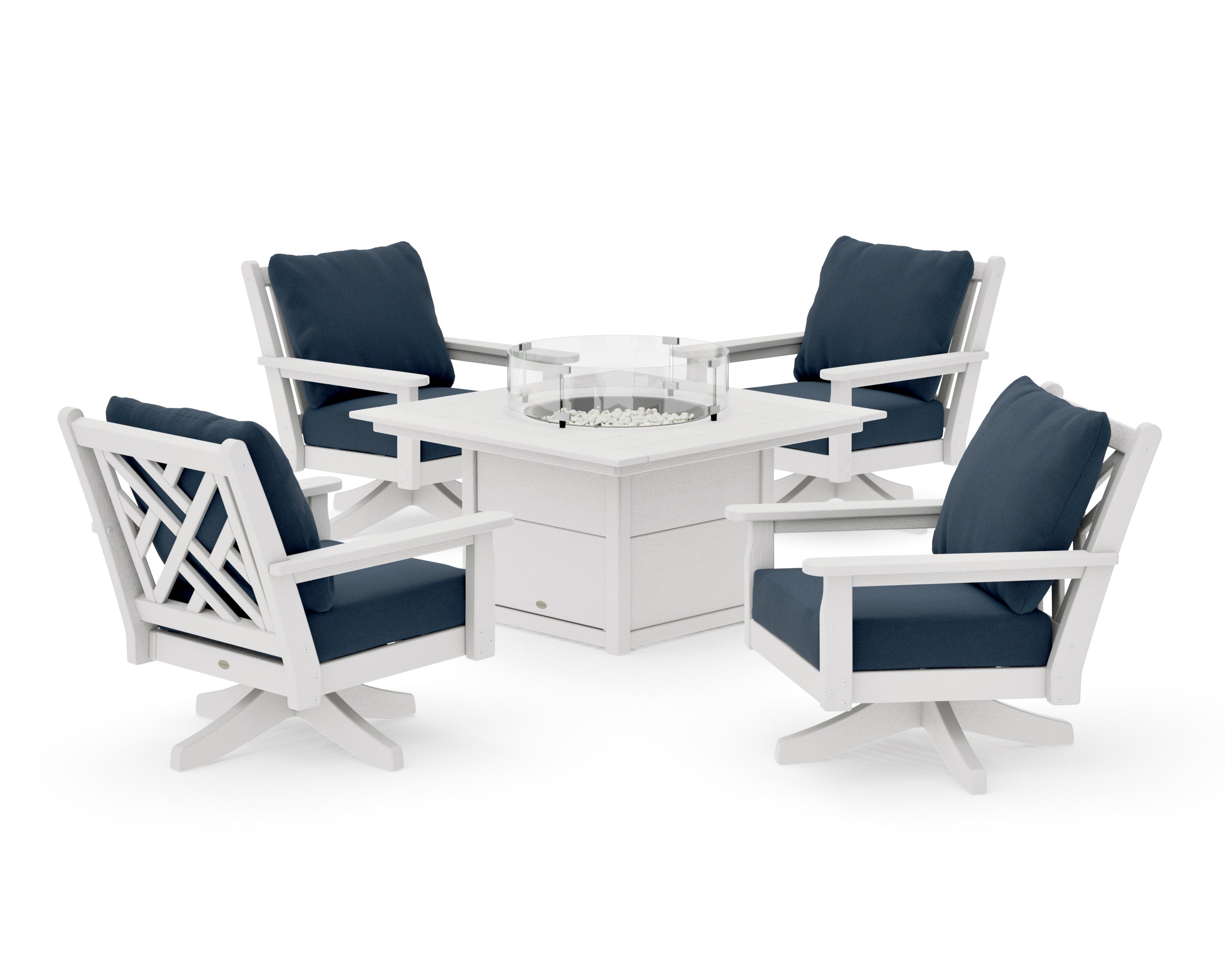 Chippendale 5-Piece Deep Seating Swivel Conversation Set with Fire Pit Table in Vintage White / Marine Indigo