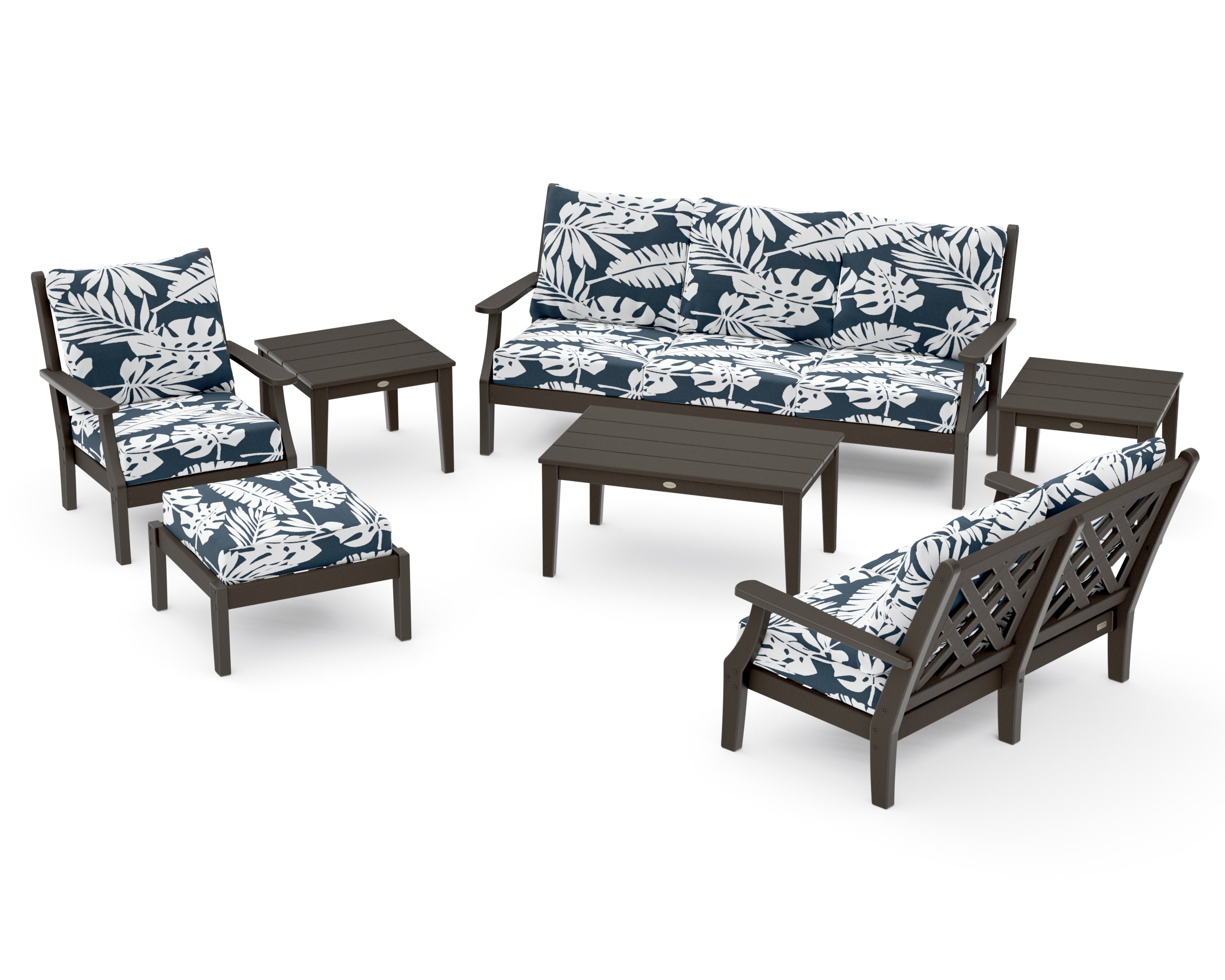 Wovendale 7-Piece Deep Seating Set in Vintage Coffee / Leaf Marine Indigo