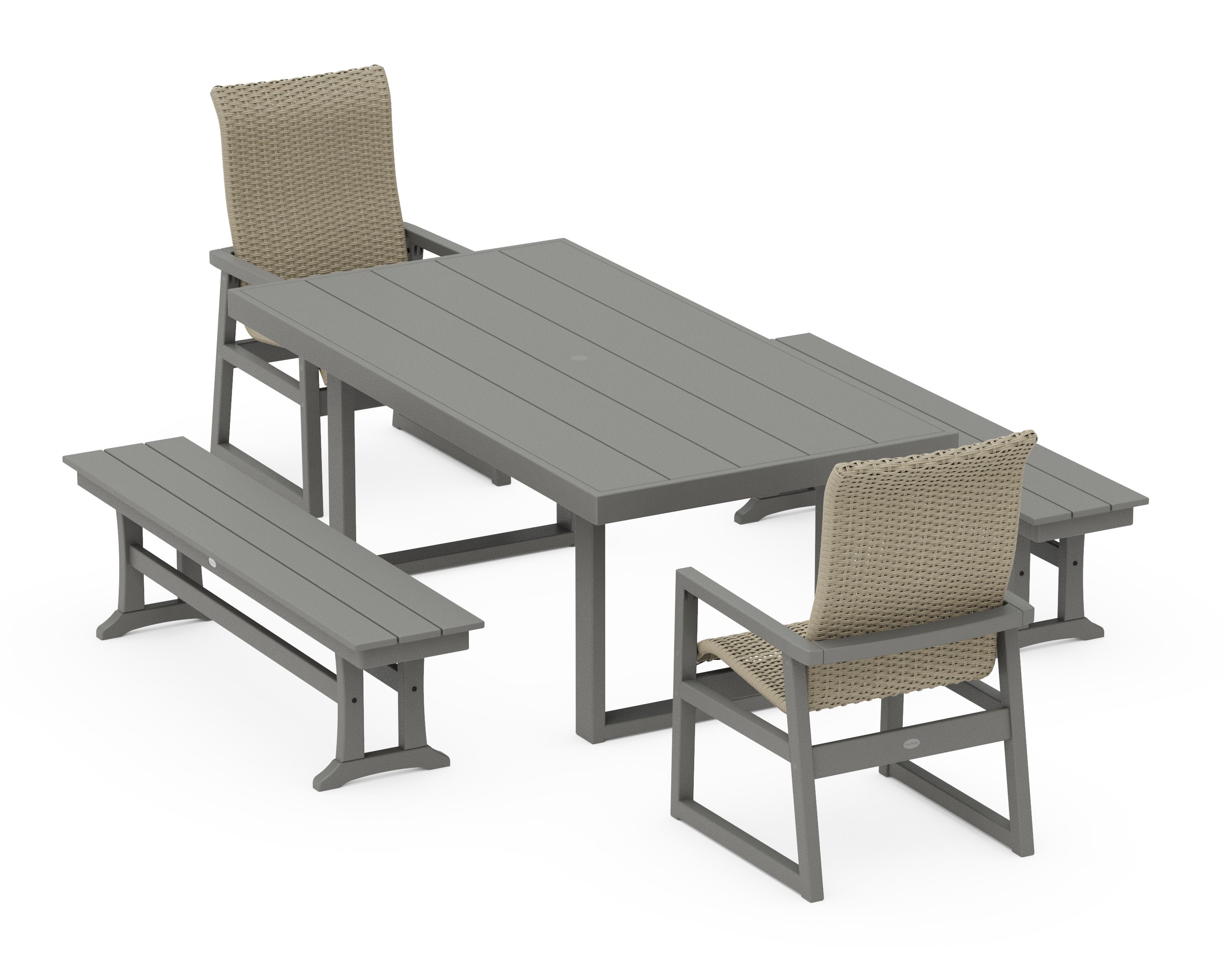 EDGE Woven Highback 5-Piece Dining Set with Benches in Slate Grey / Dune Grass