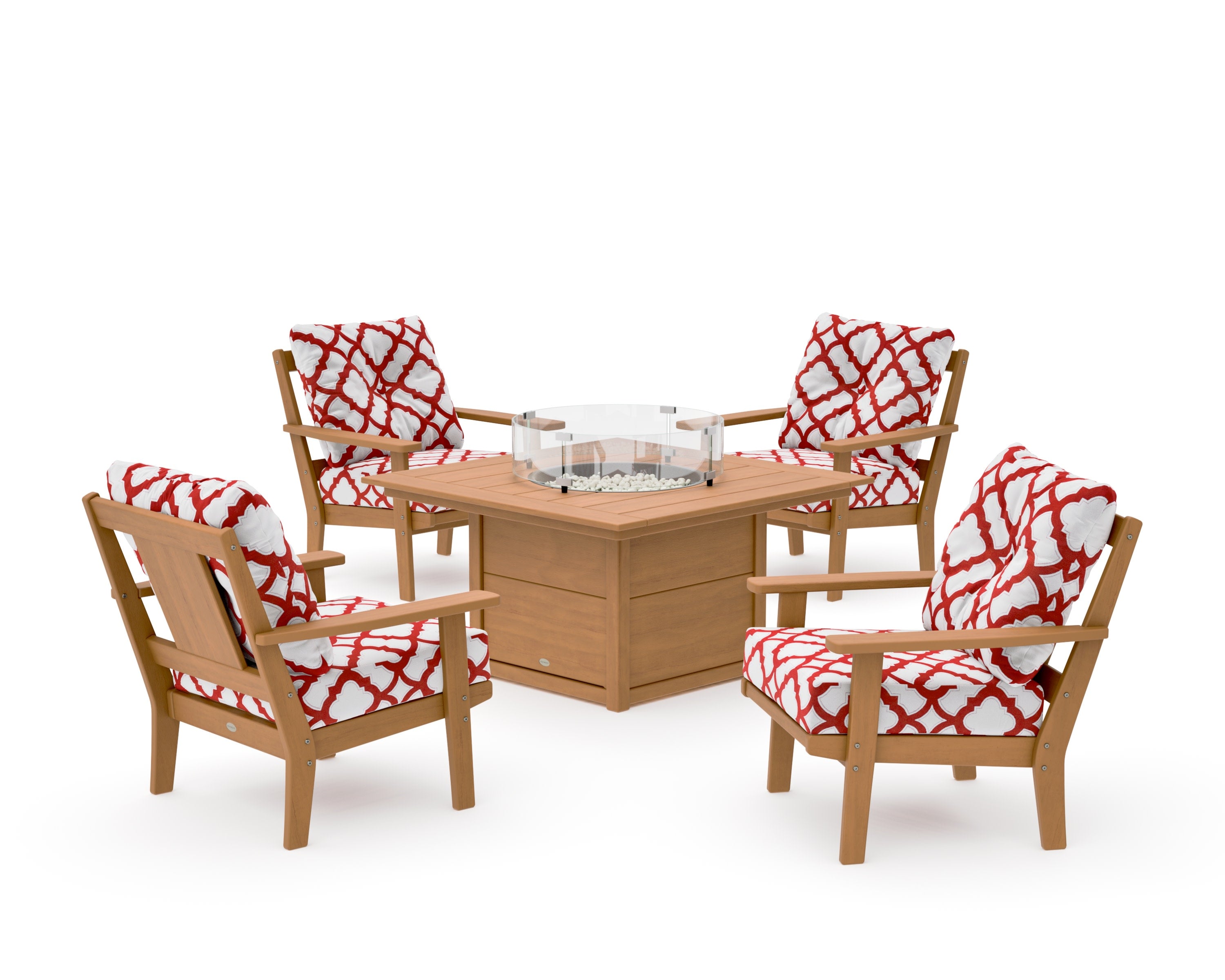 Prairie 5-Piece Deep Seating Set with Fire Pit Table in Natural / Trellis Crimson