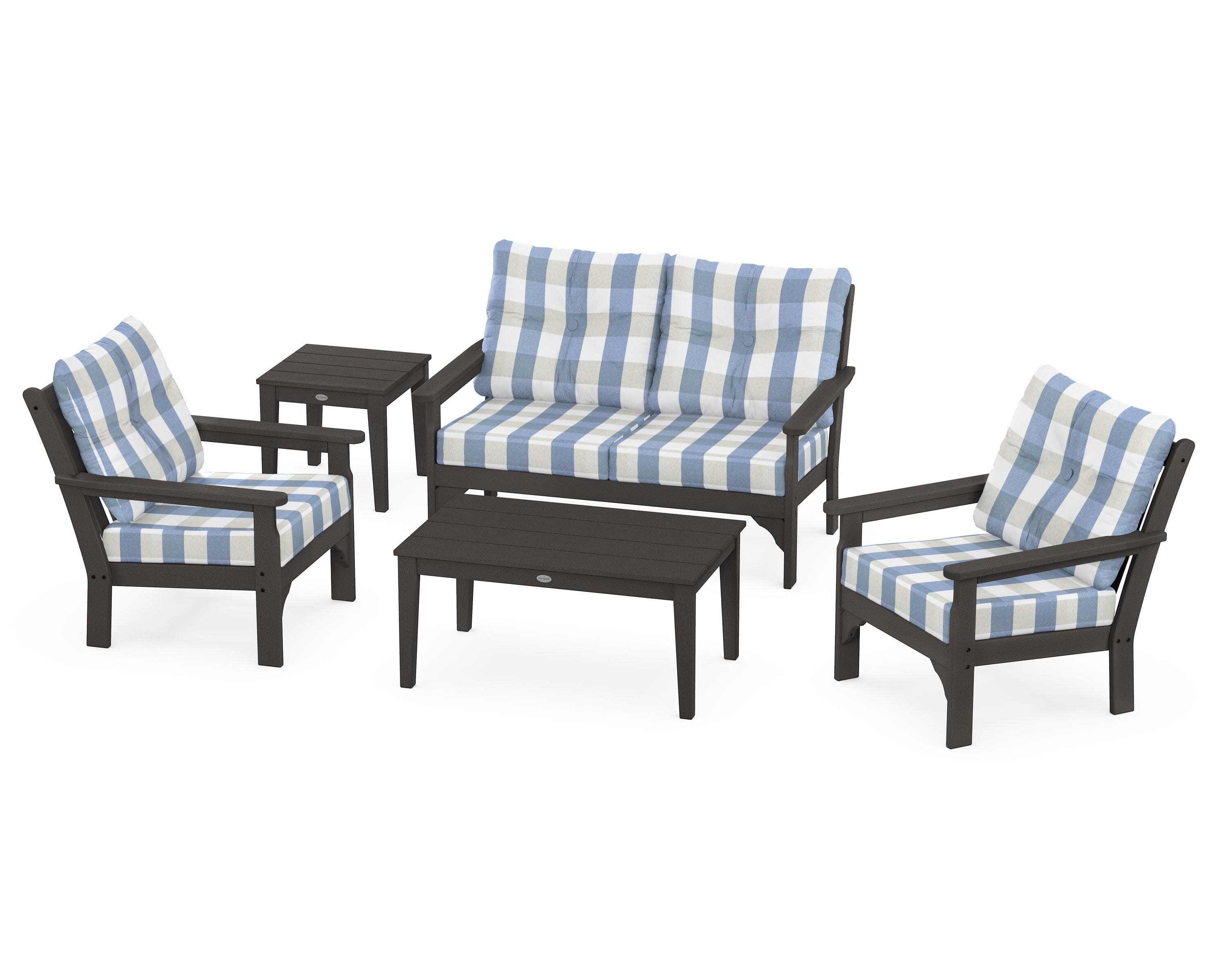 Vineyard 5-Piece Deep Seating Set in Vintage Coffee / Buffalo Plaid Sky Blue