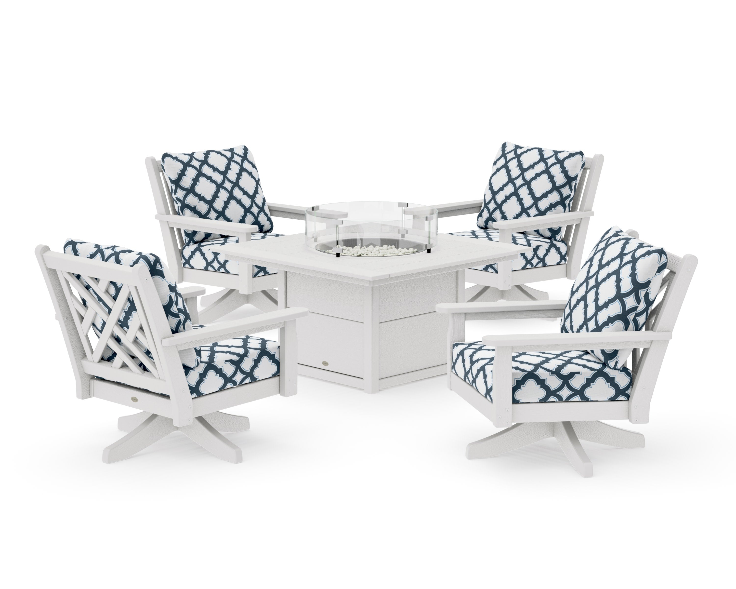 Chippendale 5-Piece Deep Seating Swivel Conversation Set with Fire Pit Table in Vintage White / Trellis Marine Indigo