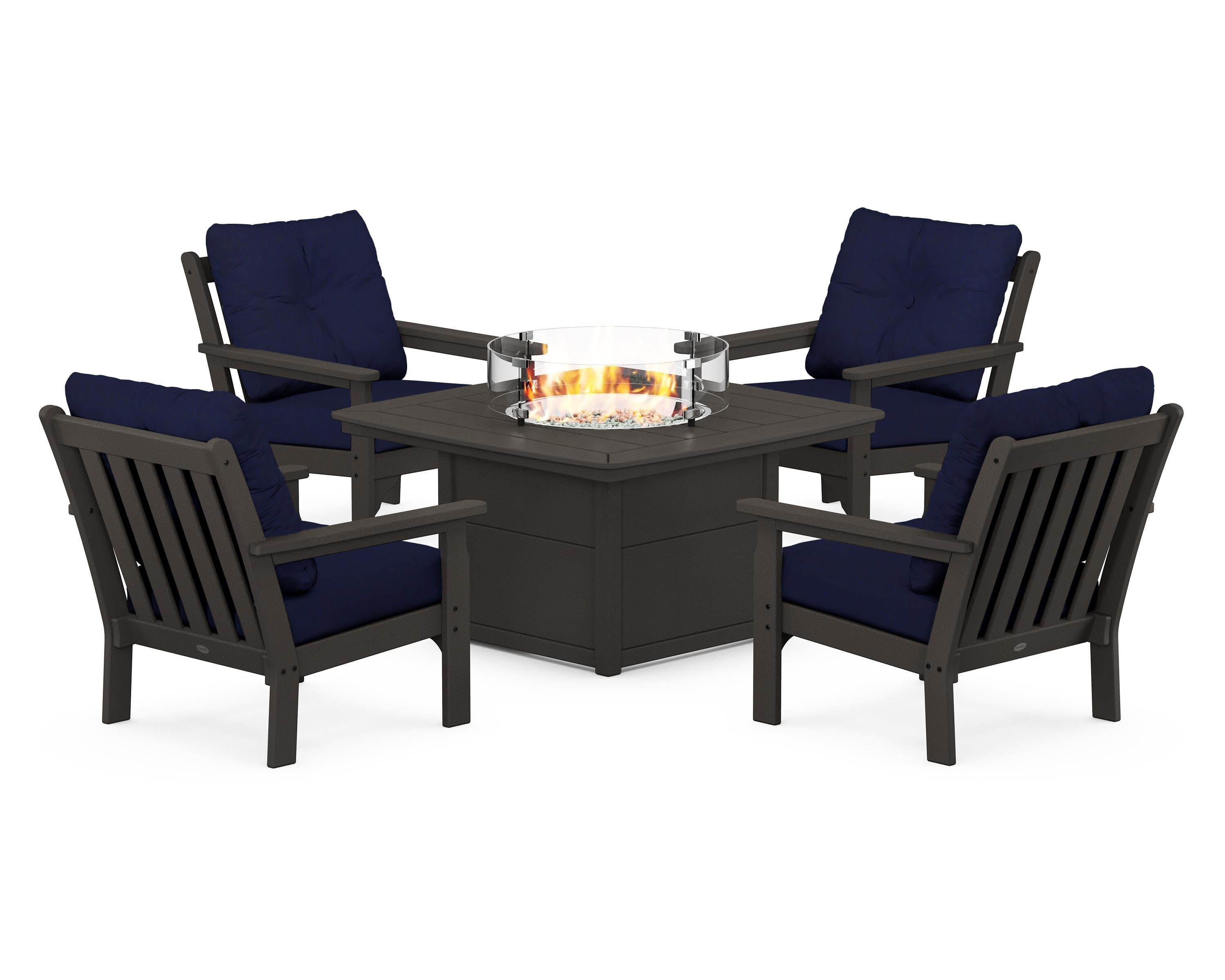 Vineyard 5-Piece Conversation Set with Fire Pit Table in Vintage Coffee / Navy