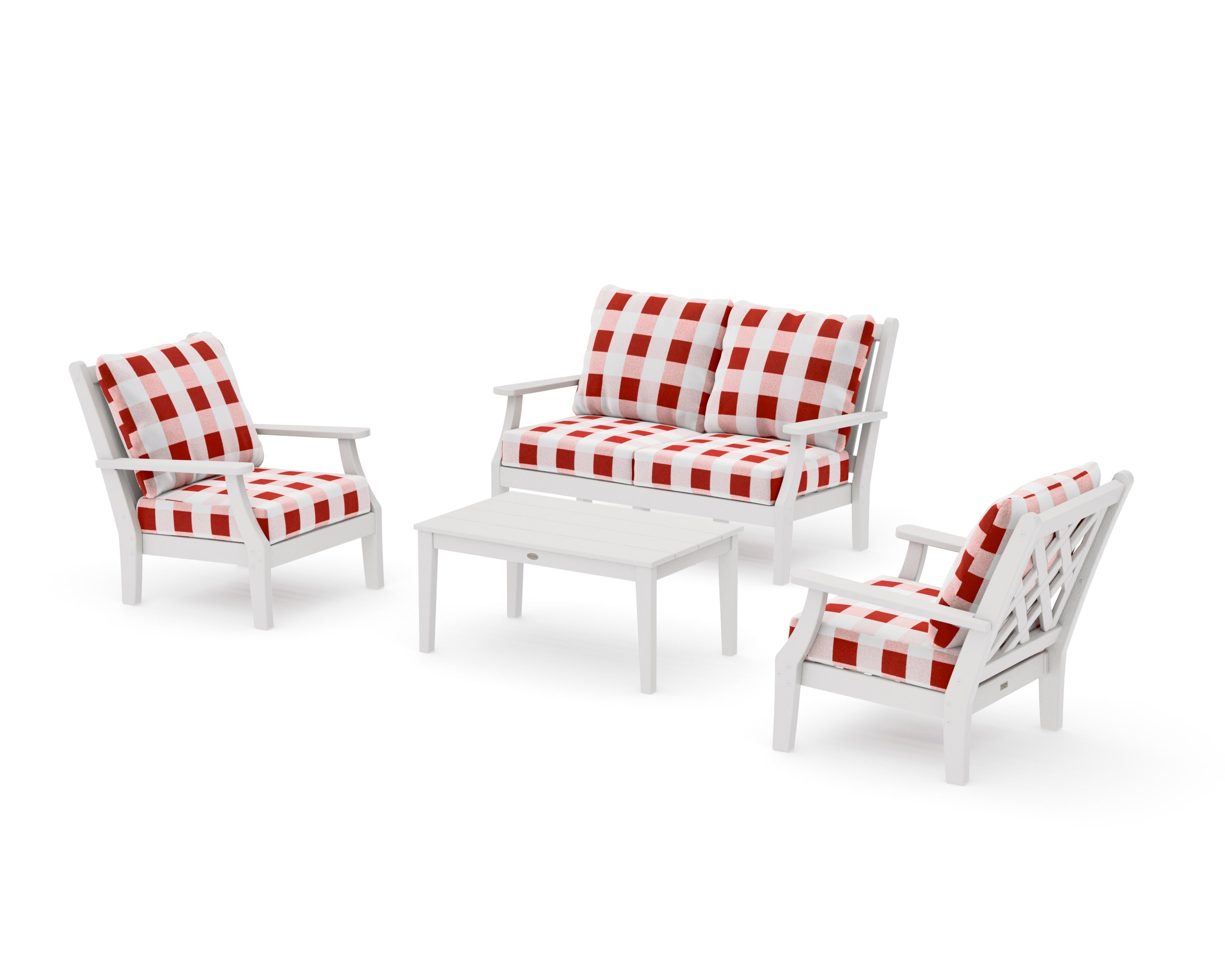 Wovendale 4-Piece Deep Seating Set with Loveseat in Vintage White / Buffalo Plaid Crimson