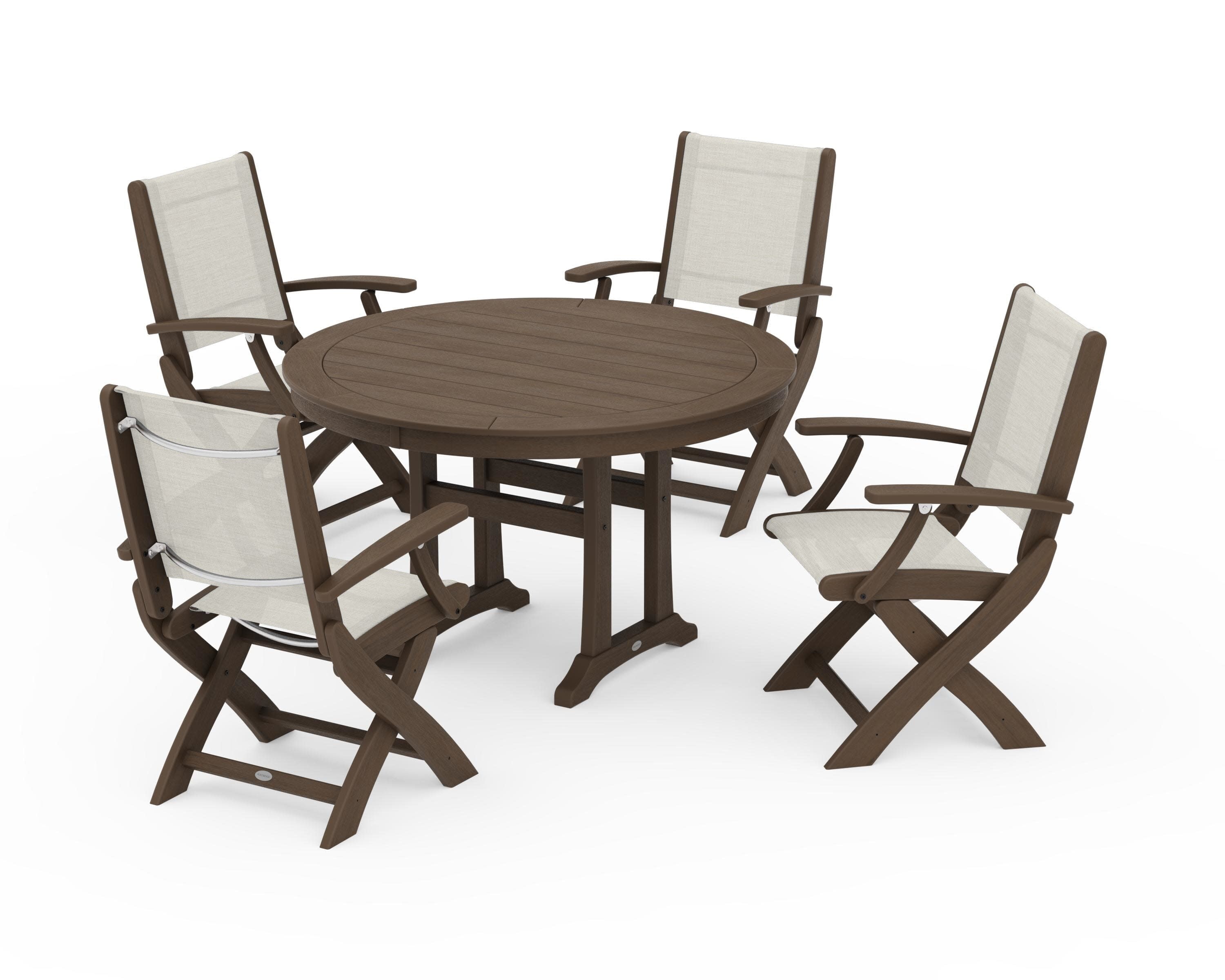 Coastal Folding Chair 5-Piece Round Dining Set with Trestle Legs in Kona / Parchment Sling