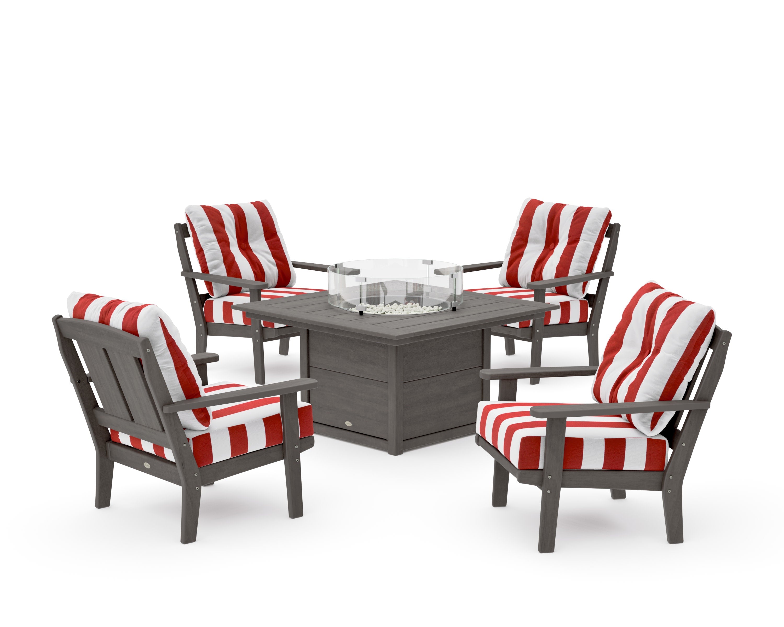 Mission 5-Piece Deep Seating Set with Fire Pit Table in Driftwood / Cabana Stripe Crimson