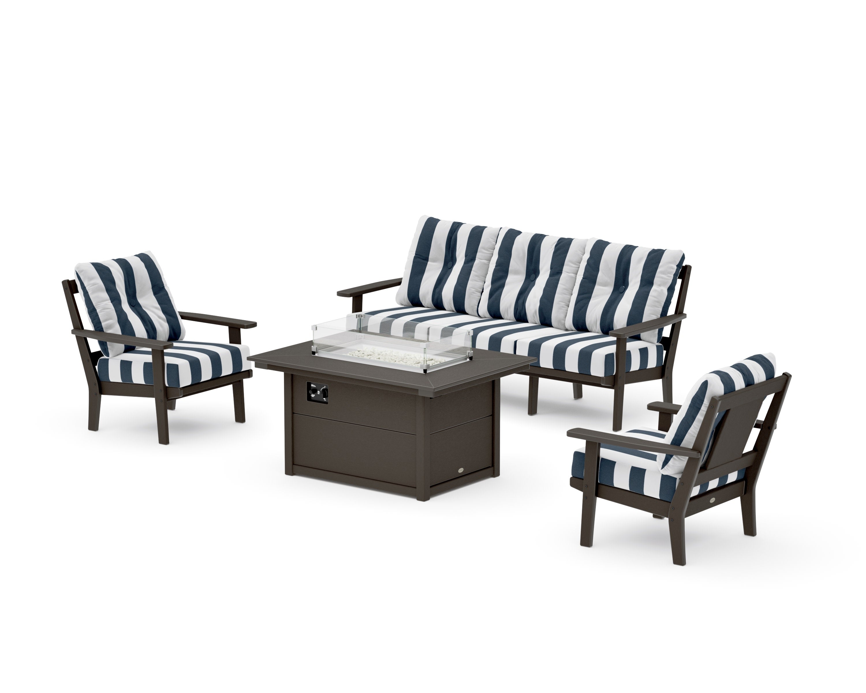 Prairie Deep Seating Fire Pit Table Set in Vintage Coffee / Cabana Stripe Marine Indigo
