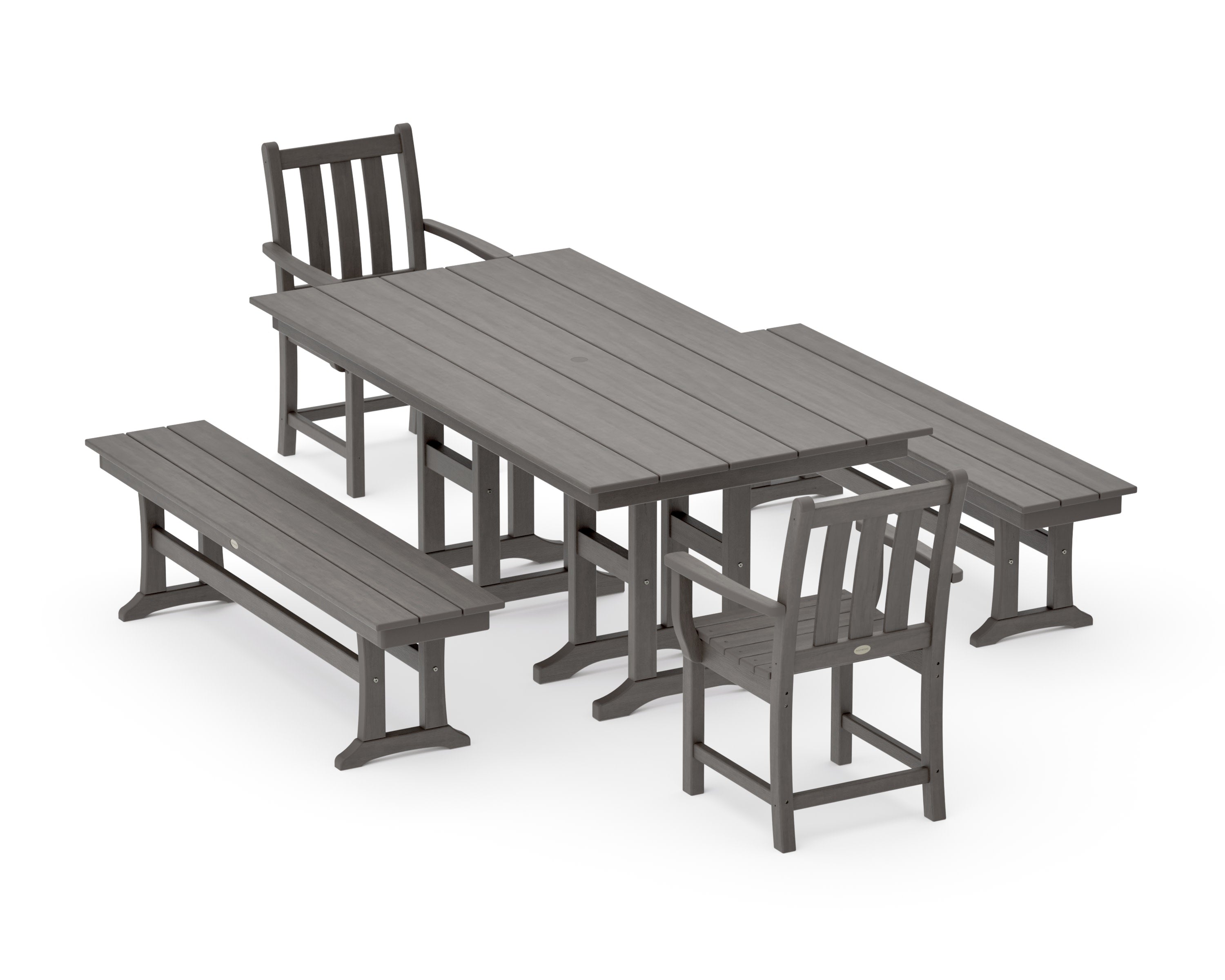 Traditional Garden 5-Piece Farmhouse Dining Set with Benches in Driftwood
