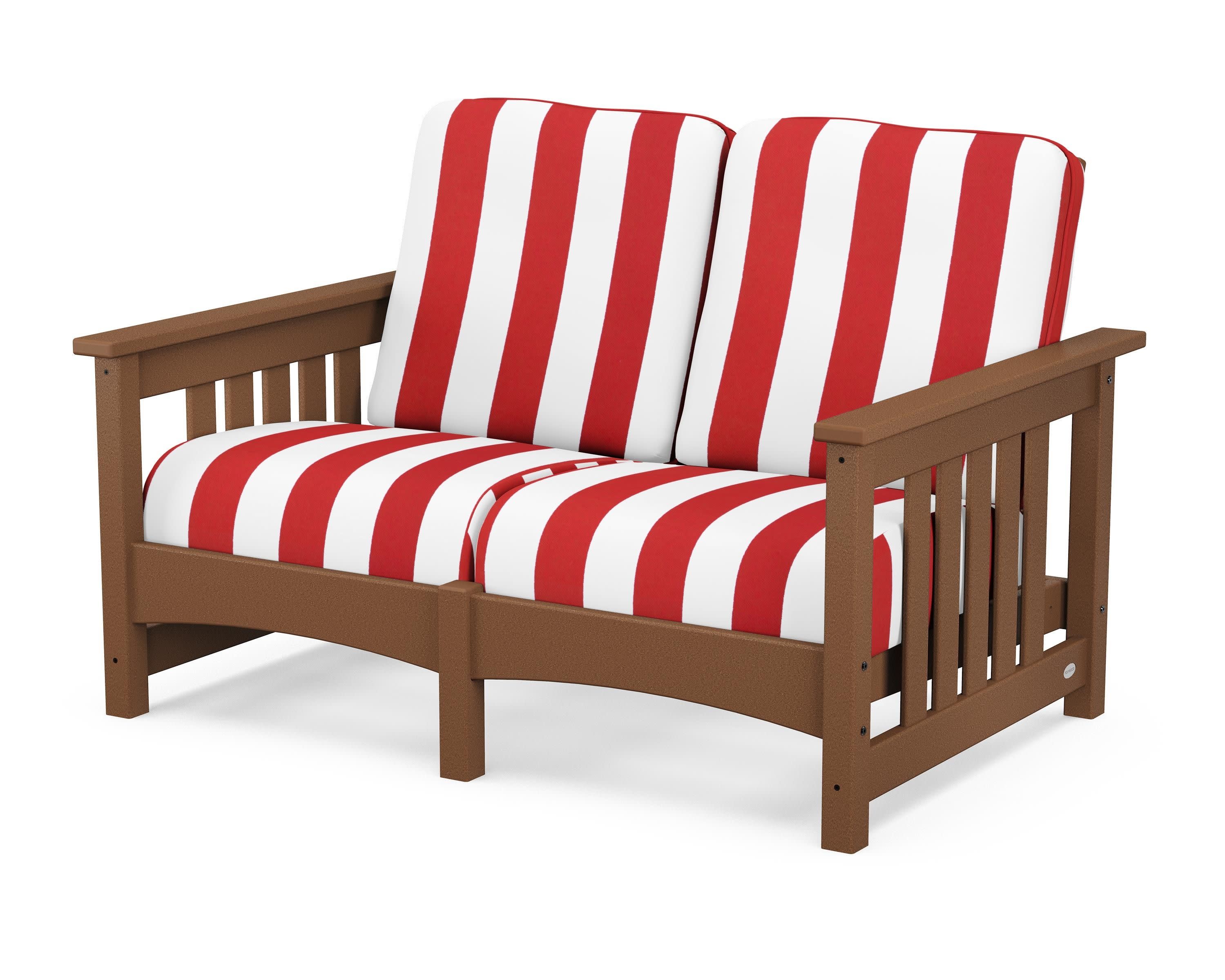 Club Mission Loveseat in Teak / Cabana Stripe Crimson