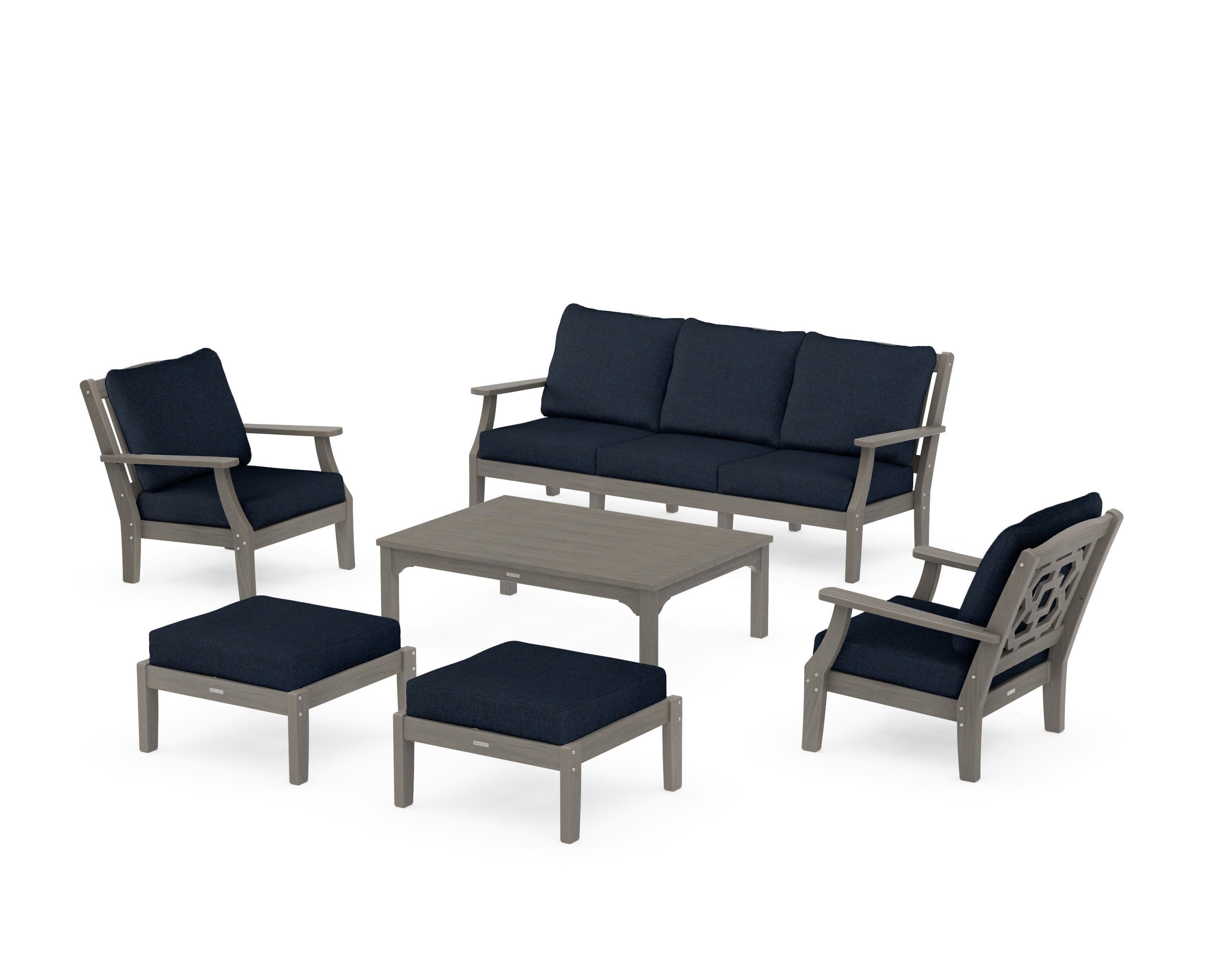 Chinoiserie 6-Piece Lounge Sofa Set in Driftwood / Marine Indigo