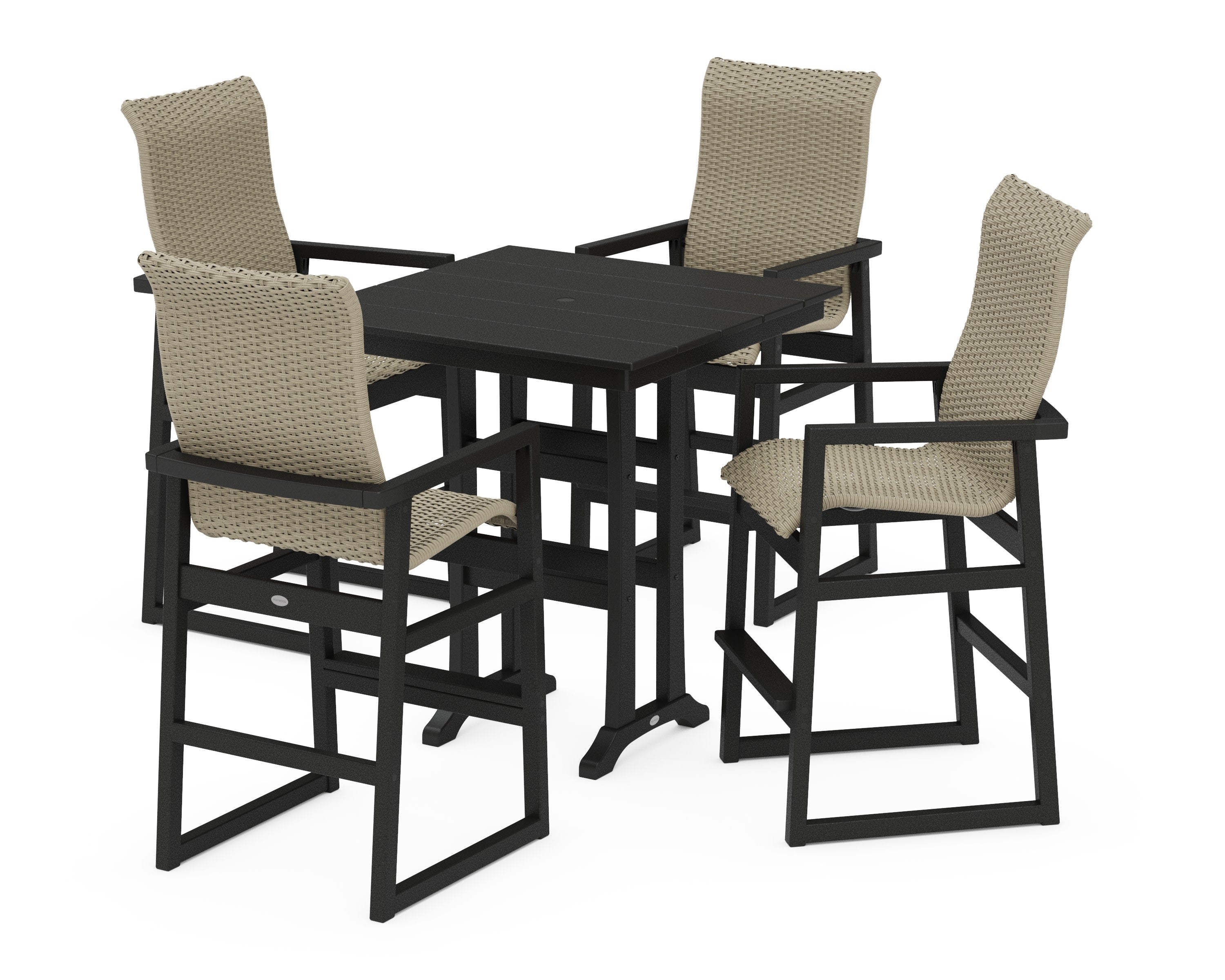 EDGE Woven Highback 5-Piece Farmhouse Bar Set with Trestle Legs in Black / Dune Grass