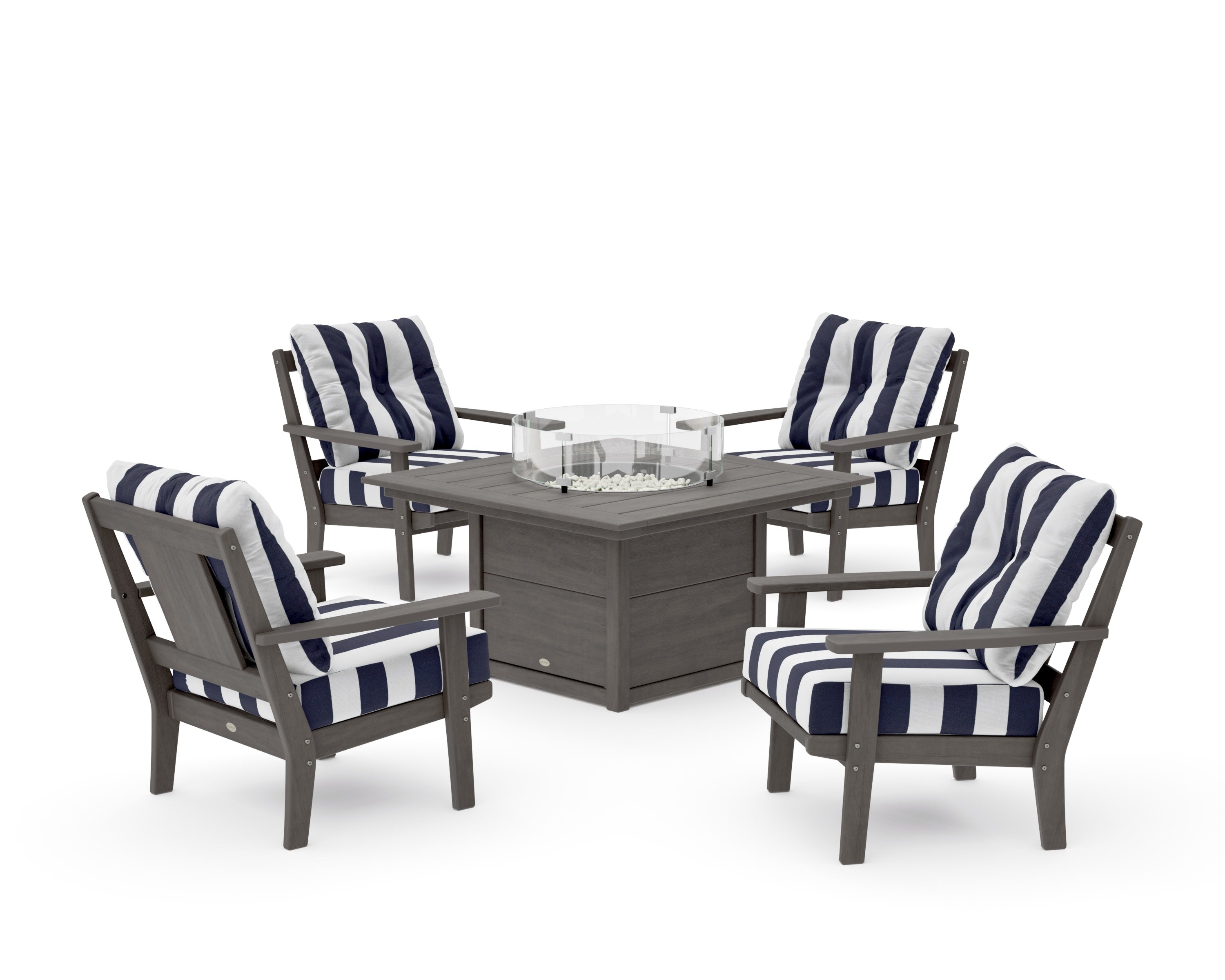 Prairie 5-Piece Deep Seating Set with Fire Pit Table in Driftwood / Cabana Stripe Navy