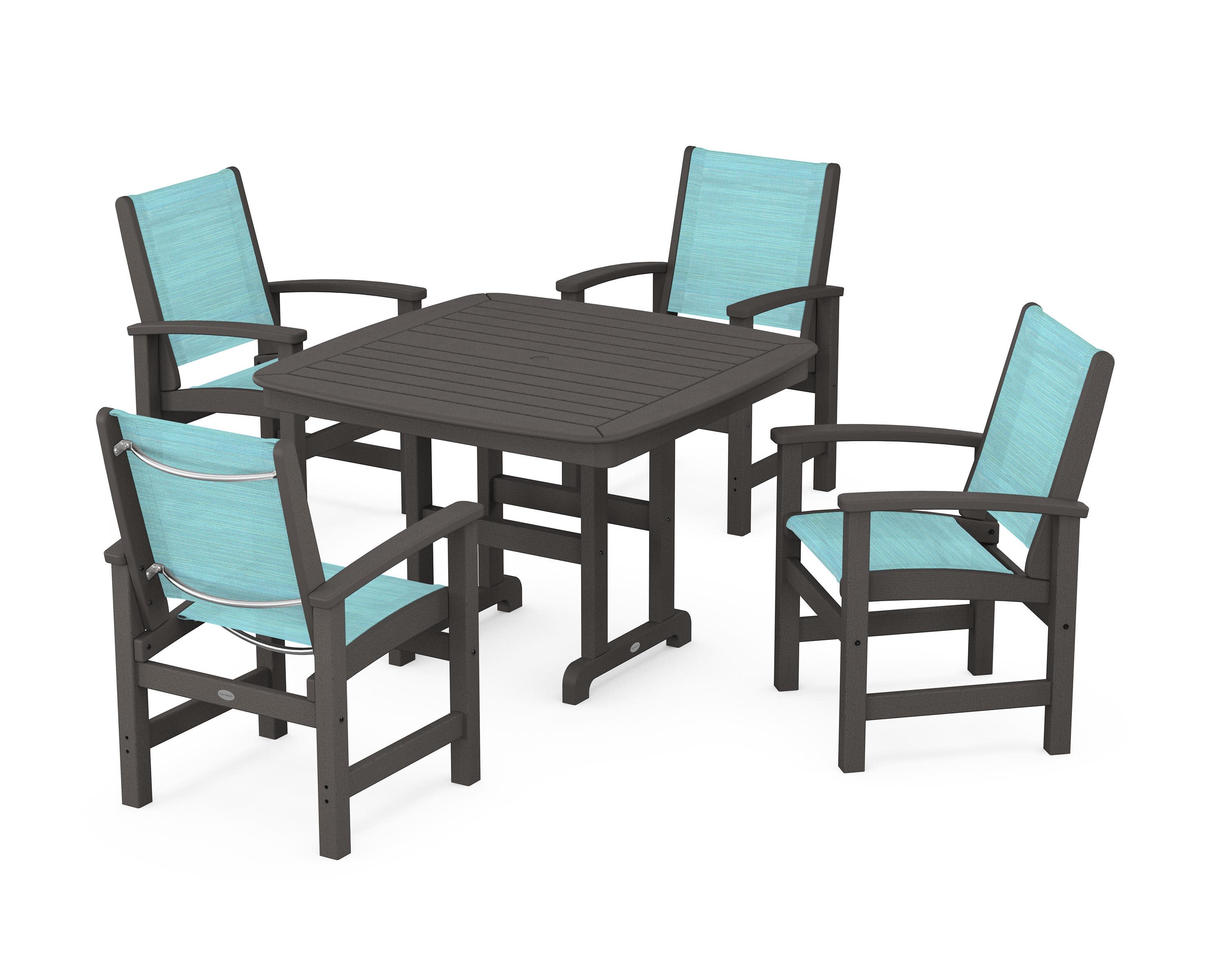 Coastal 5-Piece Dining Set in Vintage Coffee / Dupioni Aquamarine Sling