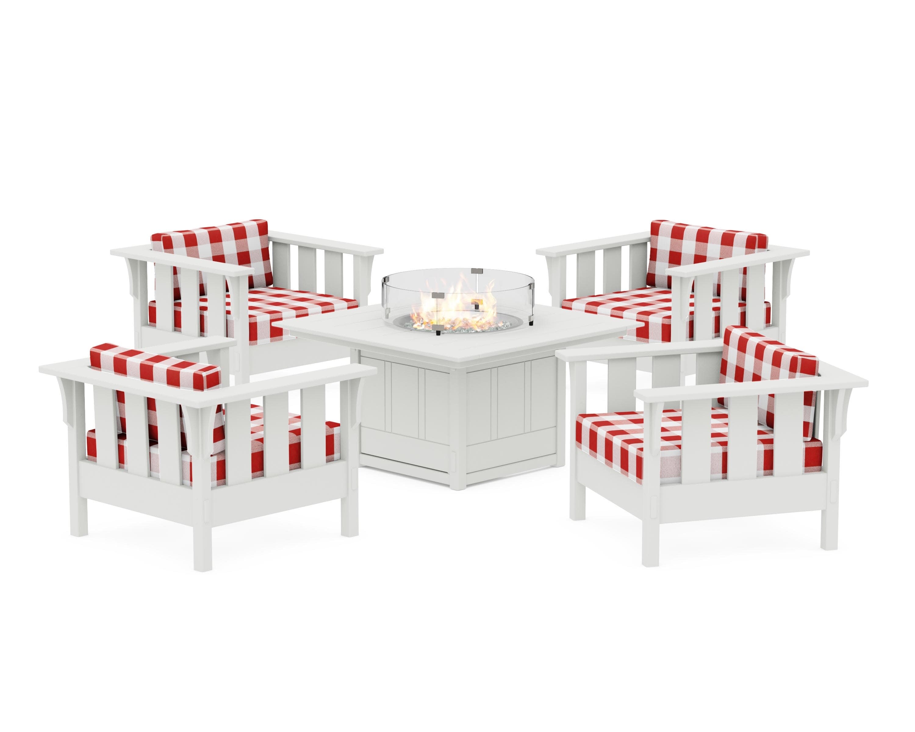 Acadia 5-Piece Deep Seating Set with Fire Pit Table in Vintage White / Buffalo Plaid Crimson
