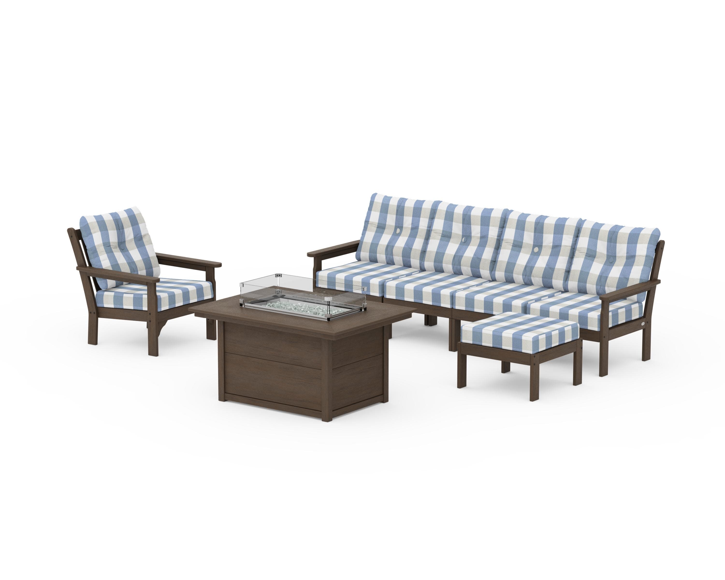 Vineyard Sectional Lounge and Fire Pit Set in Kona / Buffalo Plaid Sky Blue