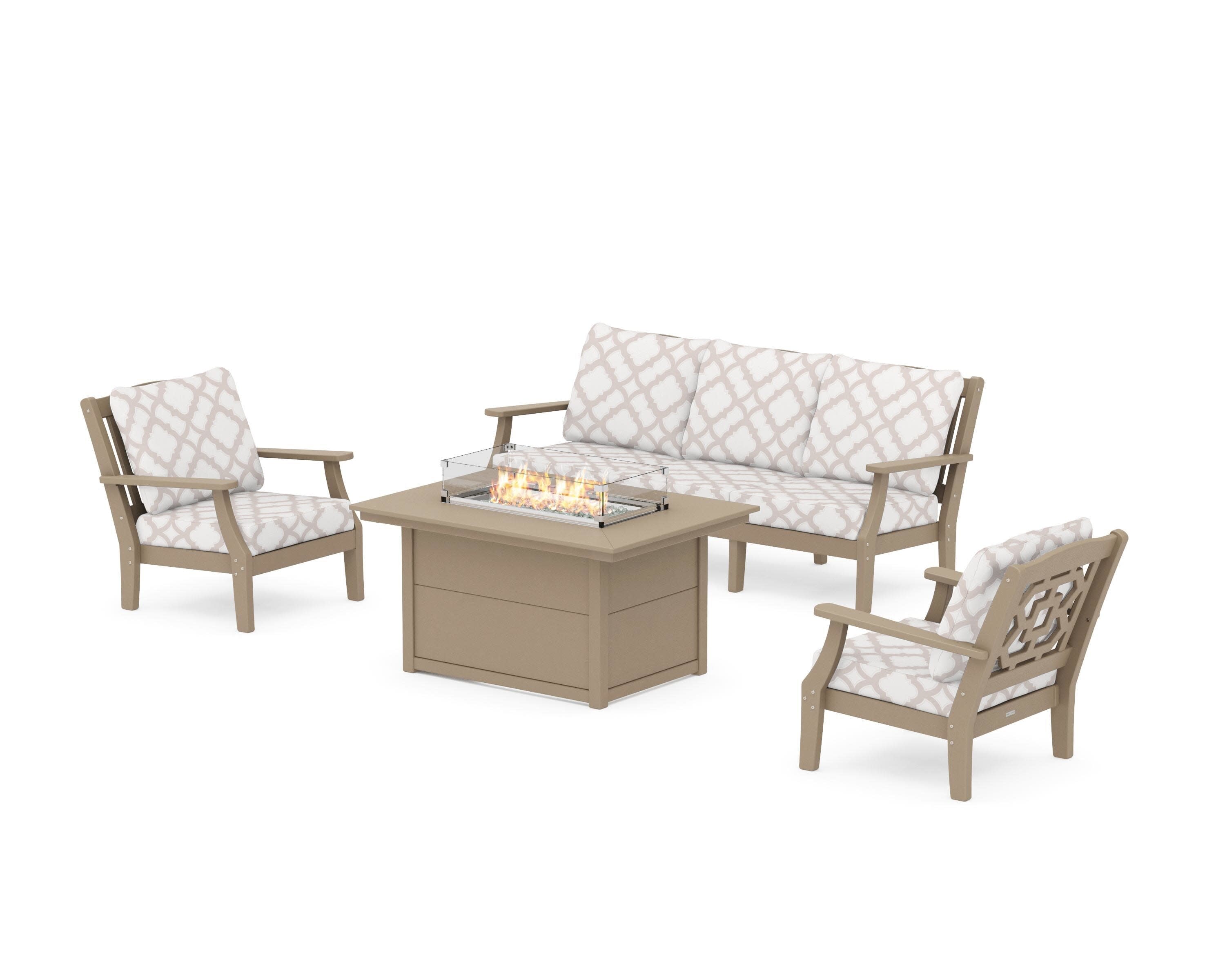 Chinoiserie Deep Seating Fire Pit Table Set in Vintage Sahara / Trellis Dune Burlap