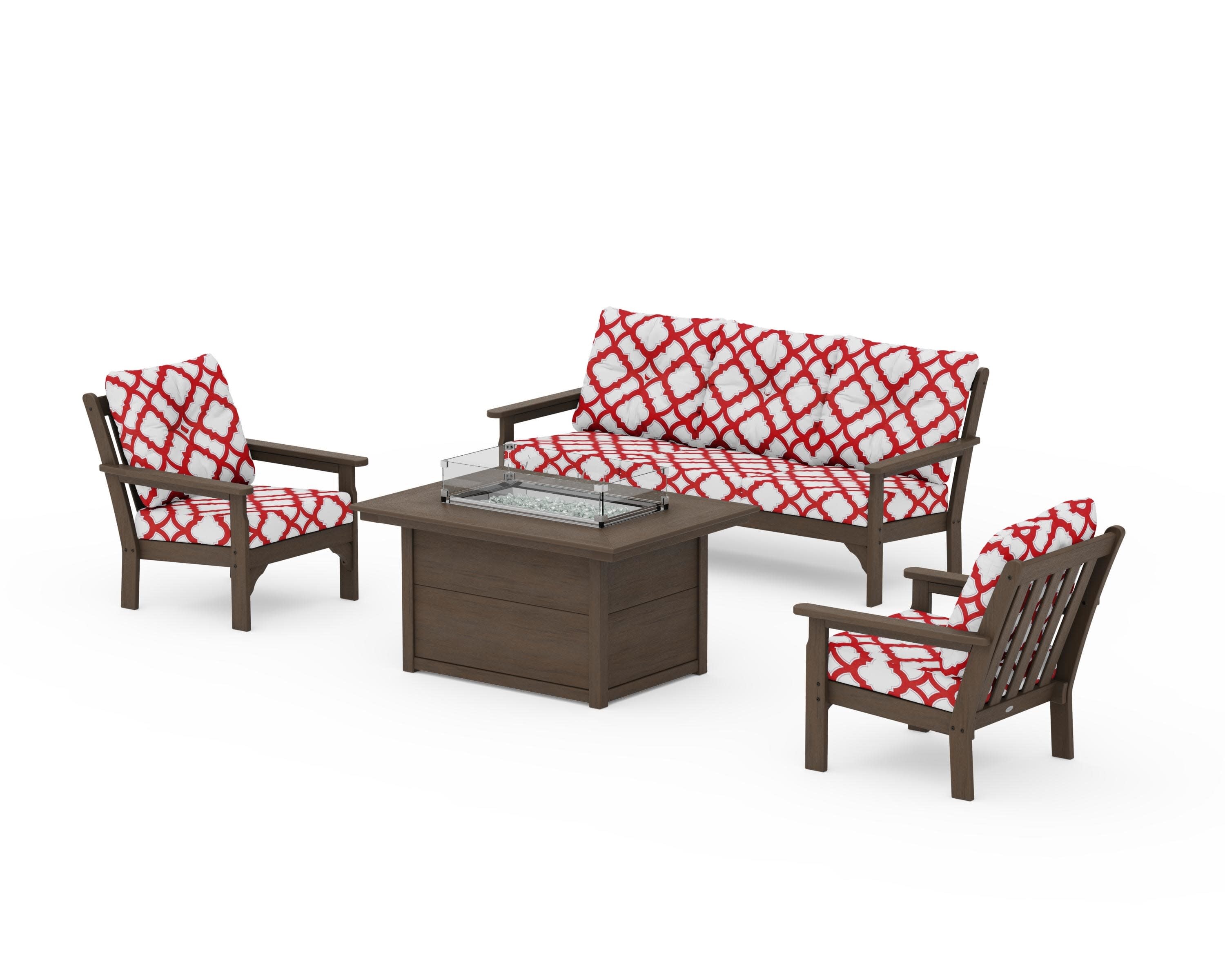 Vineyard Deep Seating Fire Pit Table Set in Kona / Trellis Crimson