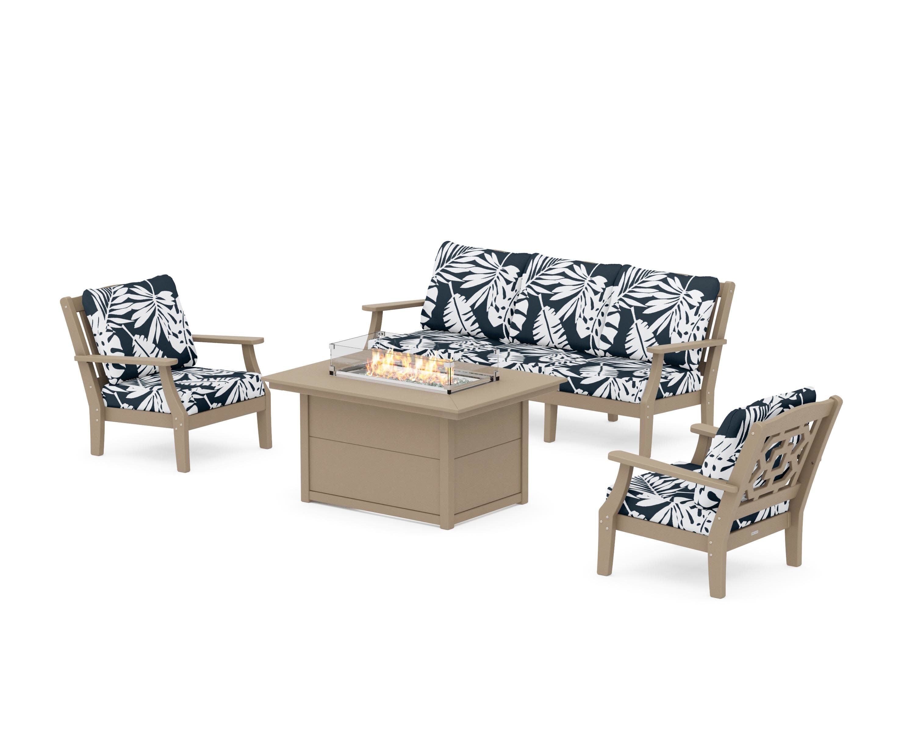 Chinoiserie Deep Seating Fire Pit Table Set in Vintage Sahara / Leaf Marine Indigo