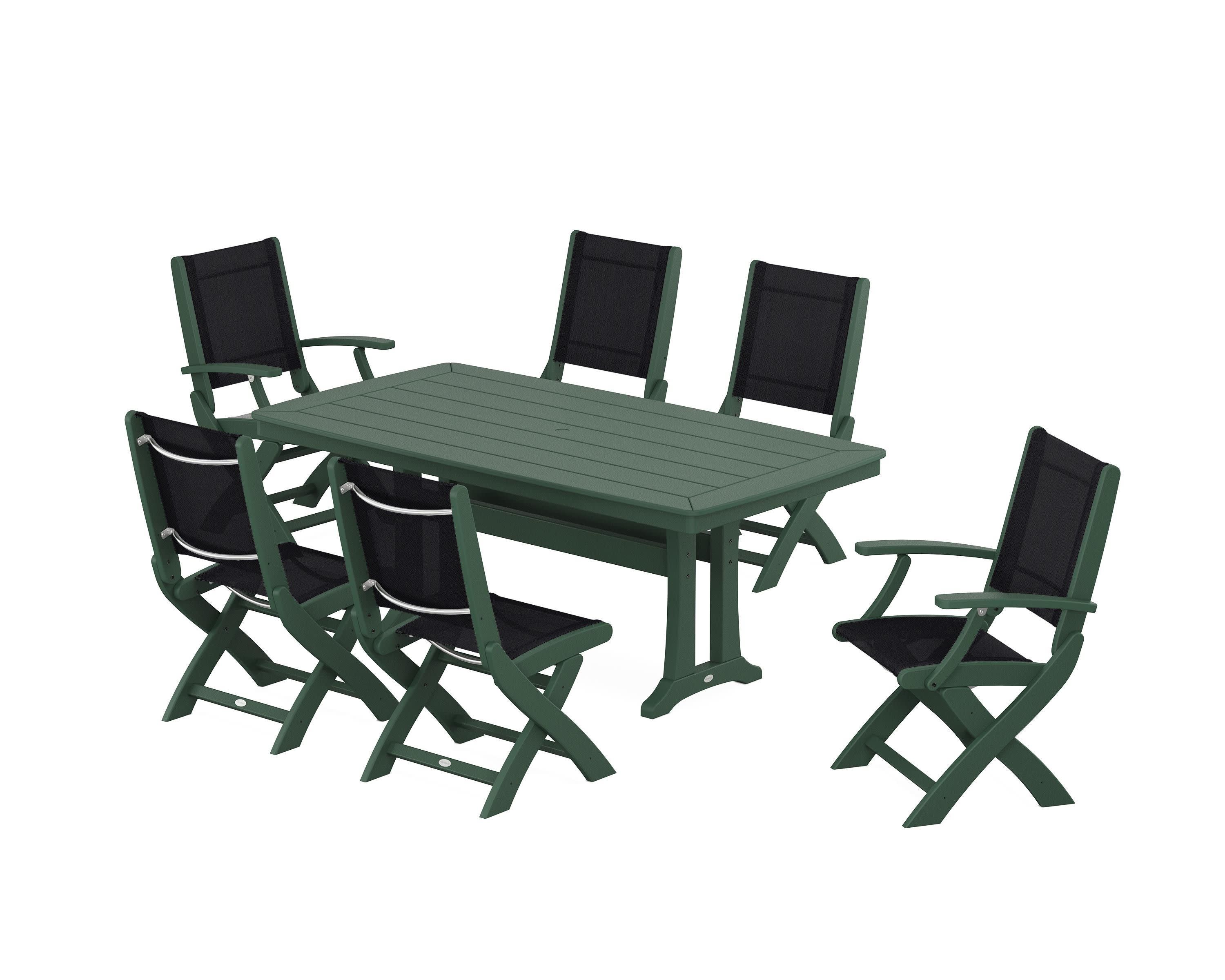 Coastal Folding Chair 7-Piece Dining Set with Trestle Legs in Green / Black Sling