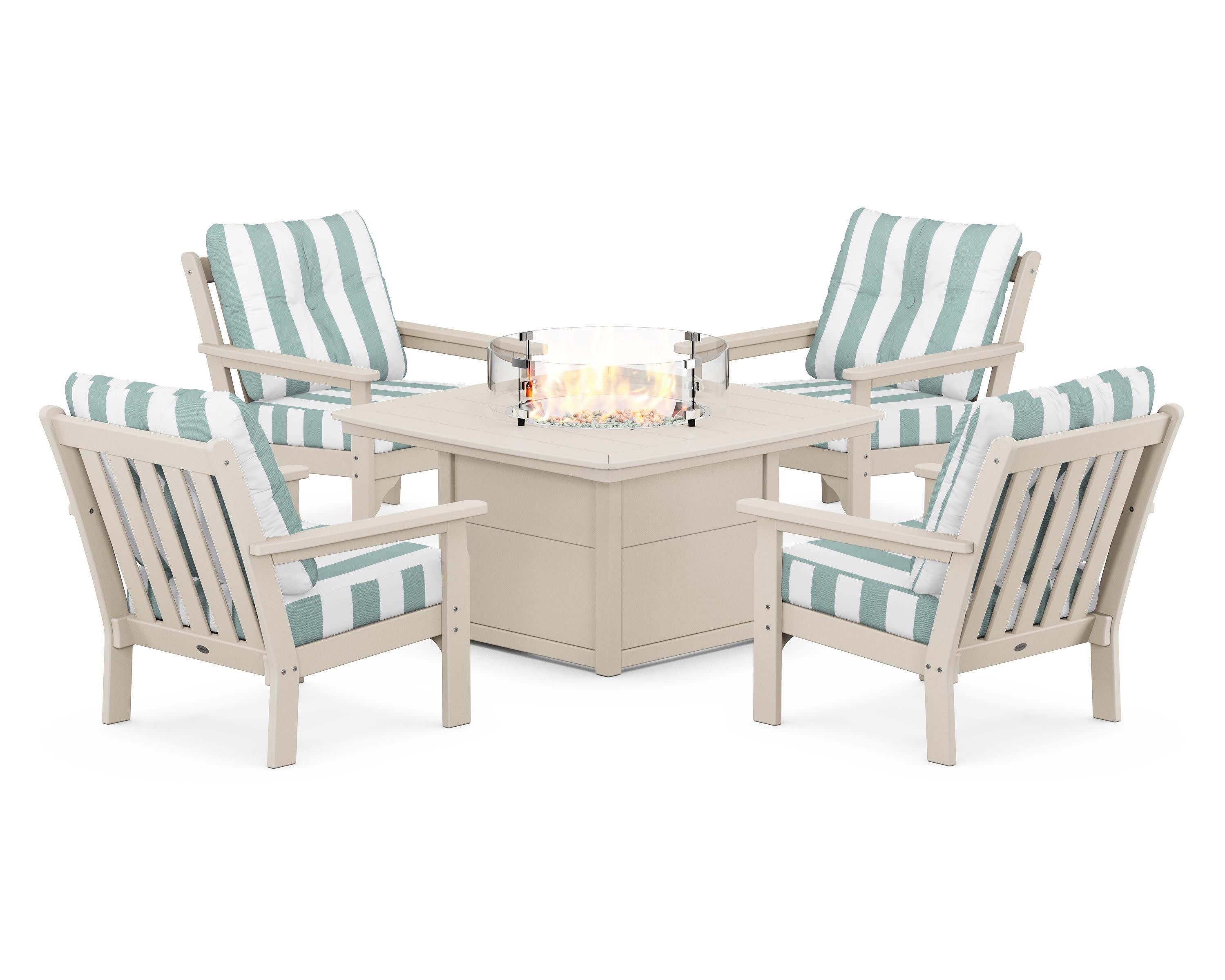 Vineyard 5-Piece Conversation Set with Fire Pit Table in Sand / Cabana Stripe Glacier Spa