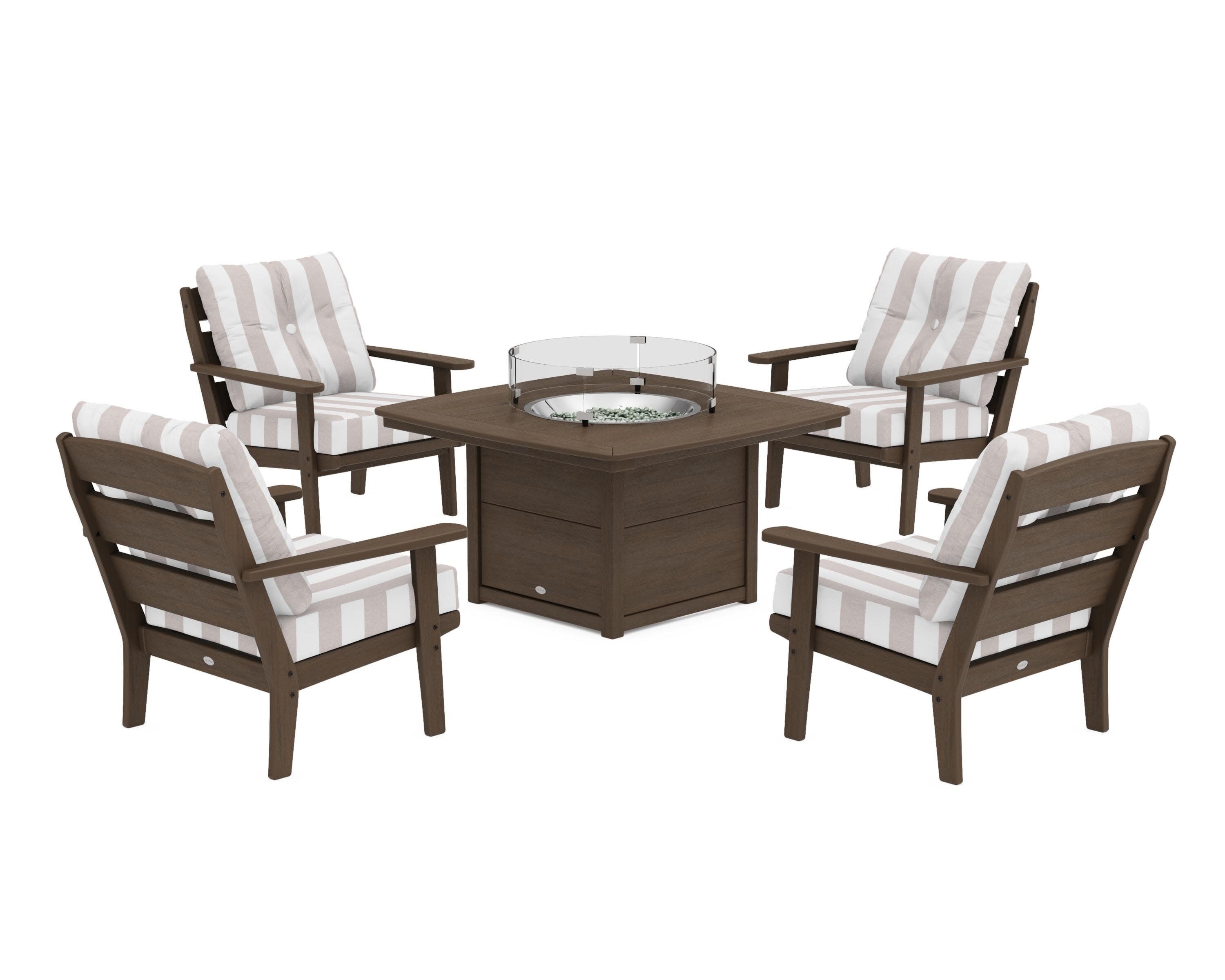 Lakeside 5-Piece Deep Seating Set with Nautical Fire Pit Table in Kona / Cabana Stripe Dune Burlap