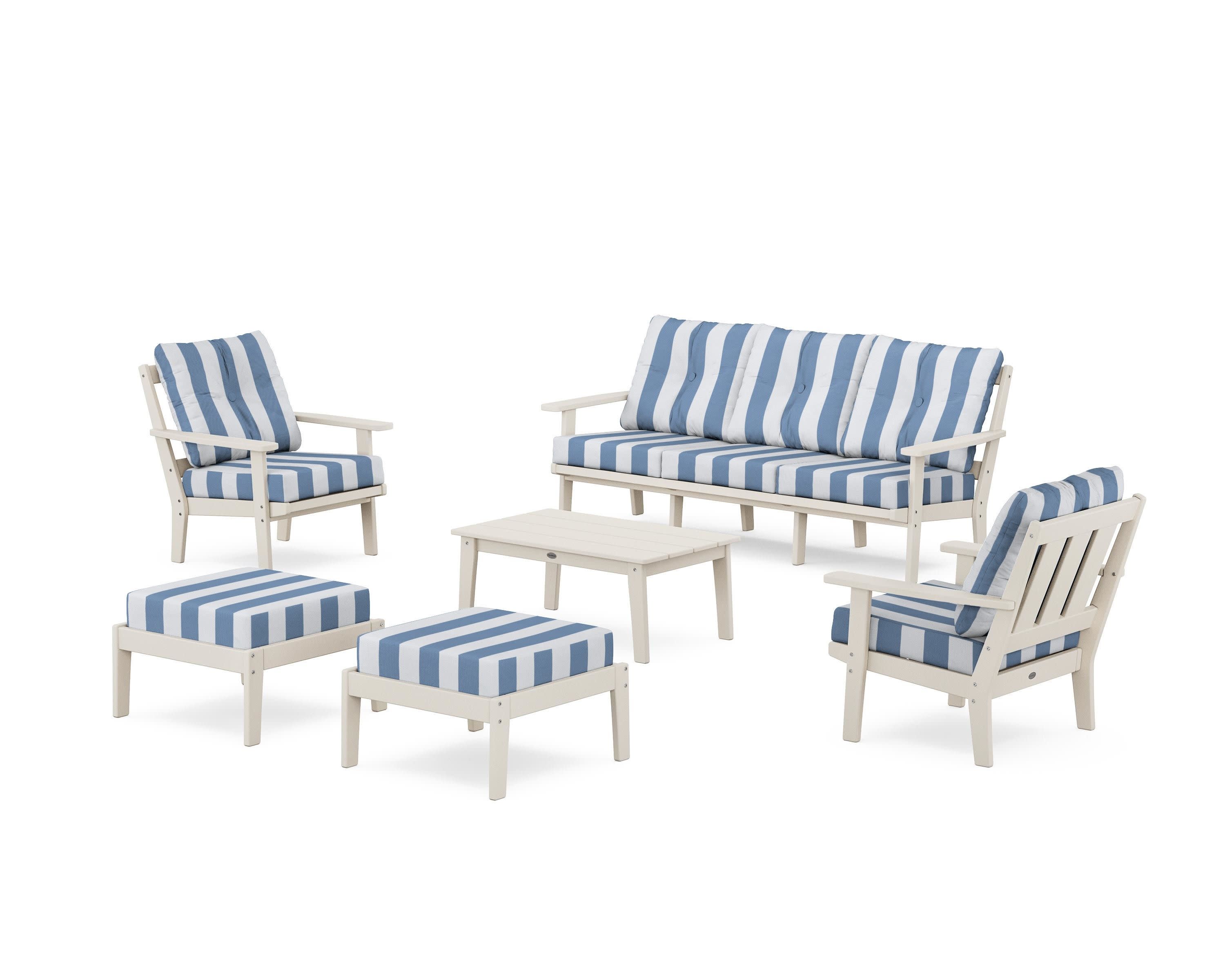 Oxford 6-Piece Lounge Sofa Set in Sand / Cabana Stripe Sky Blue