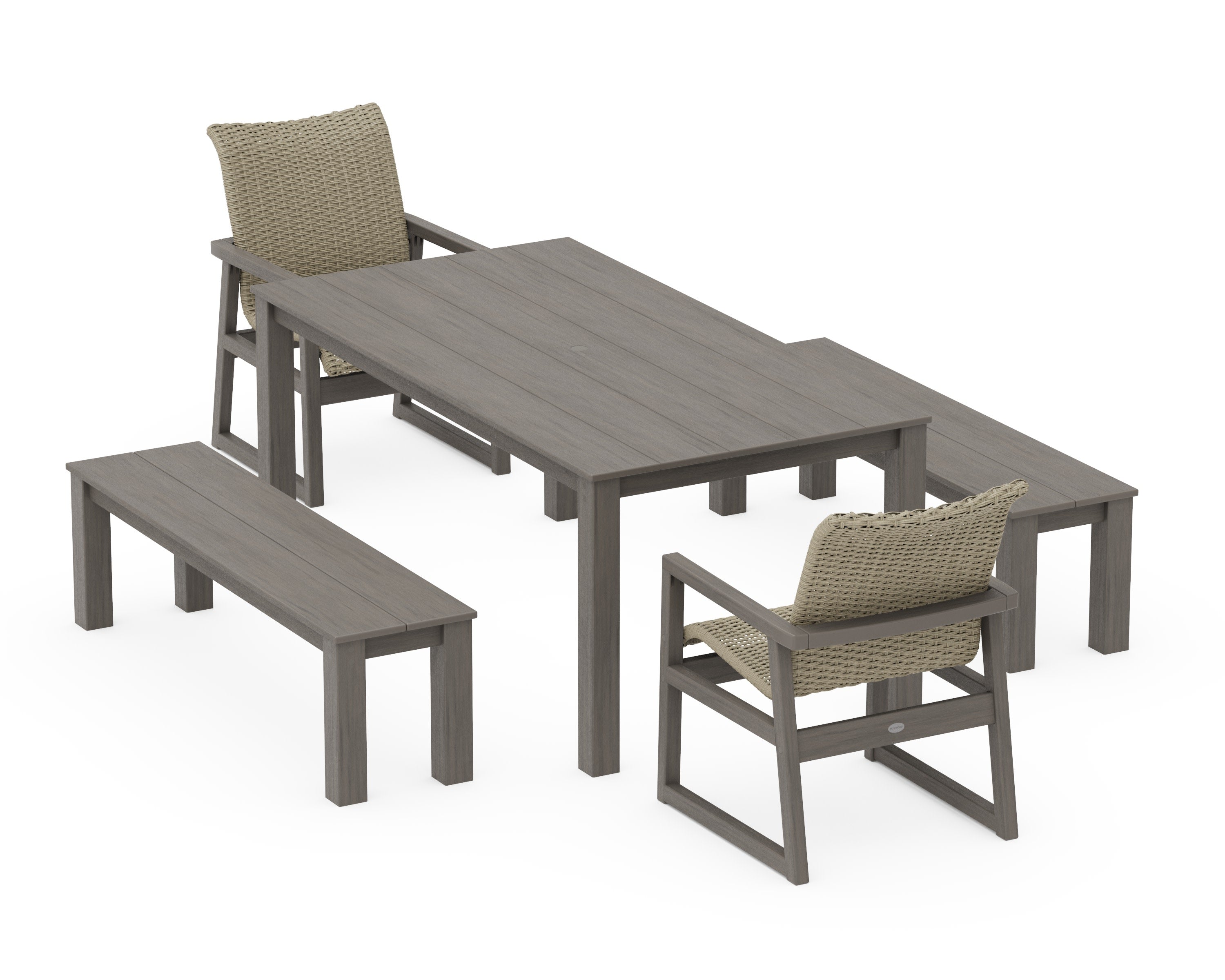 EDGE Woven 5-Piece Parsons Dining Set with Benches in Driftwood / Dune Grass