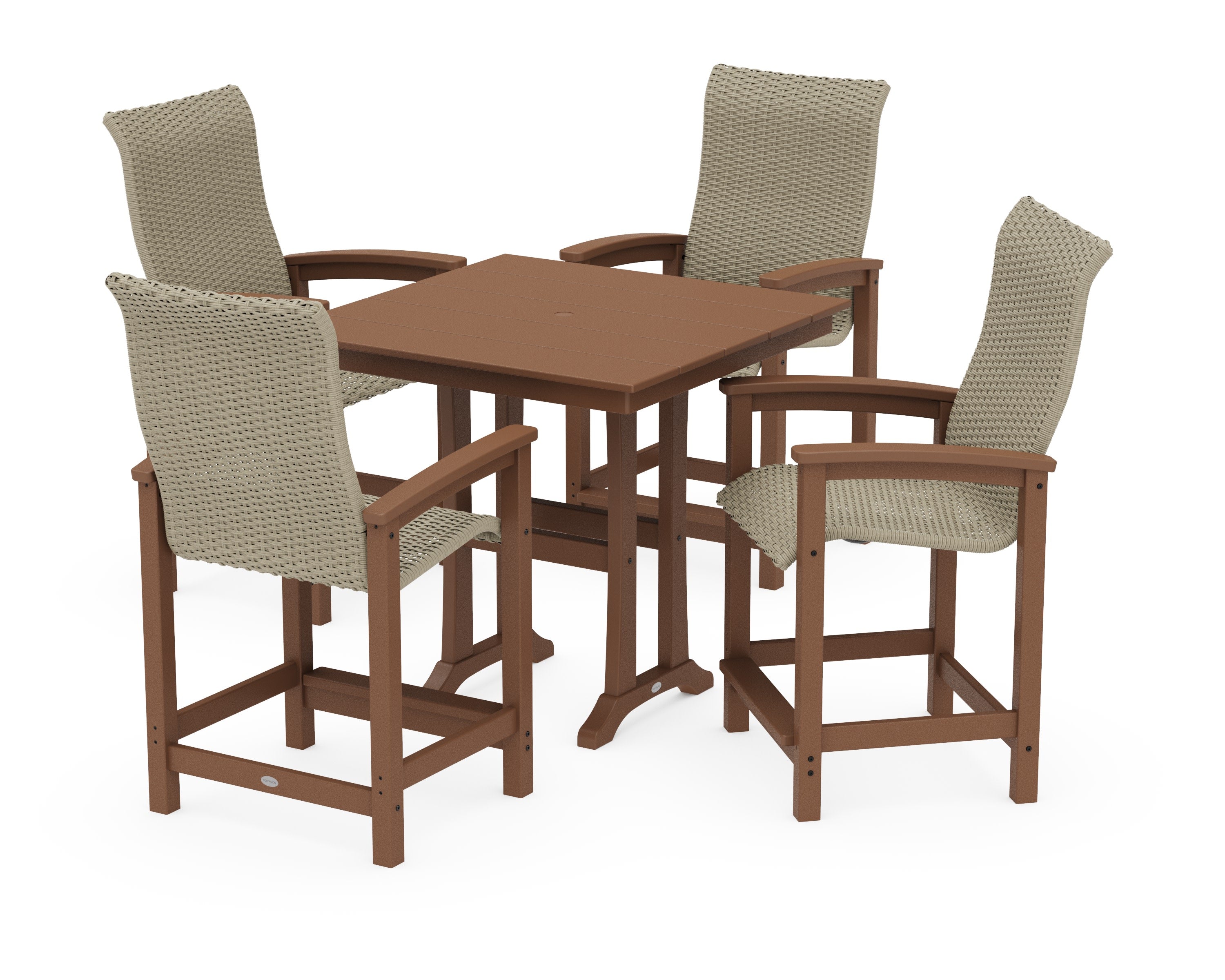 Coastal Woven High-Back 5-Piece Farmhouse Counter Set with Trestle Legs in Teak / Dune Grass