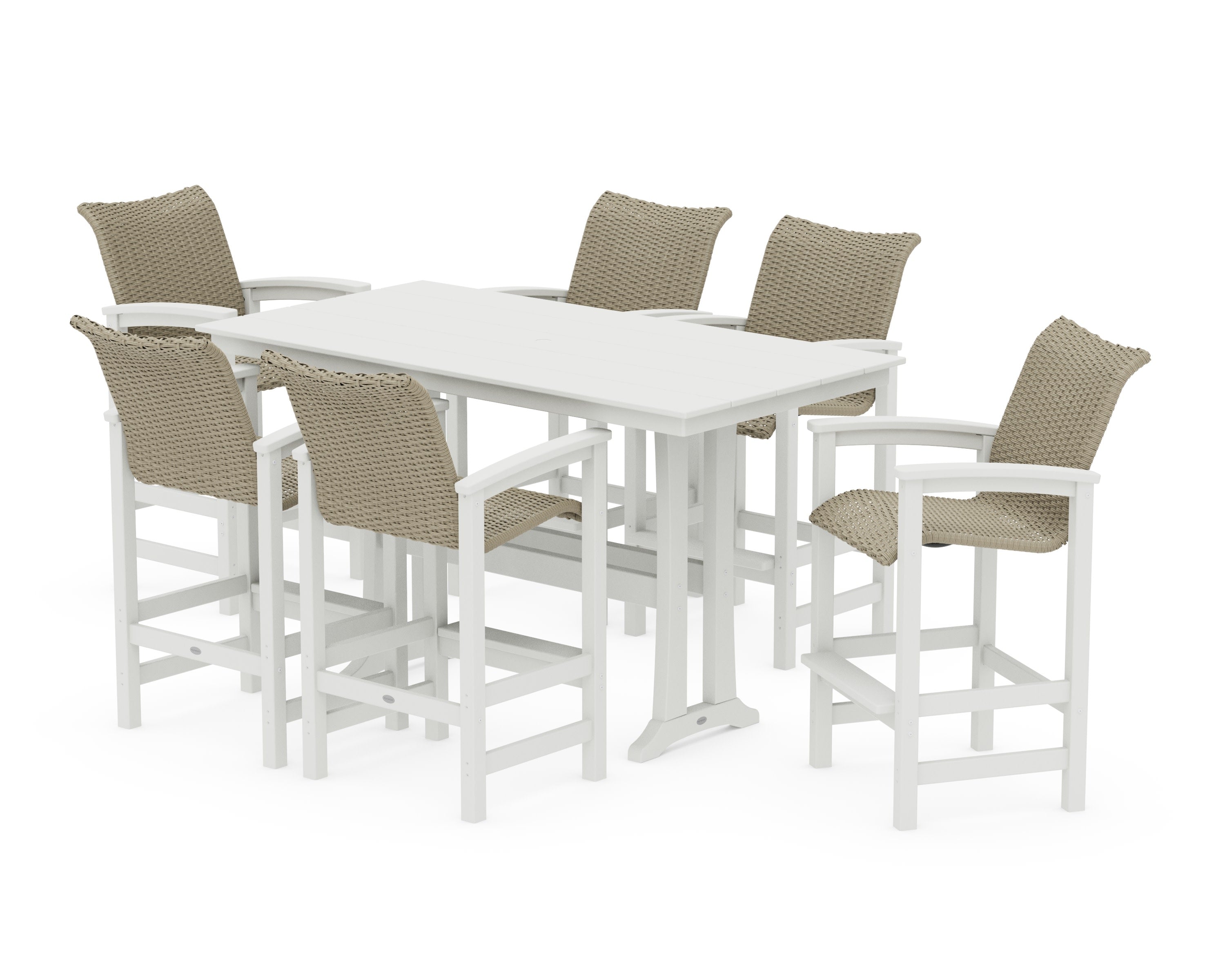 Coastal Woven Arm Chair 7-Piece Farmhouse Bar Set with Trestle Legs in Vintage White / Dune Grass