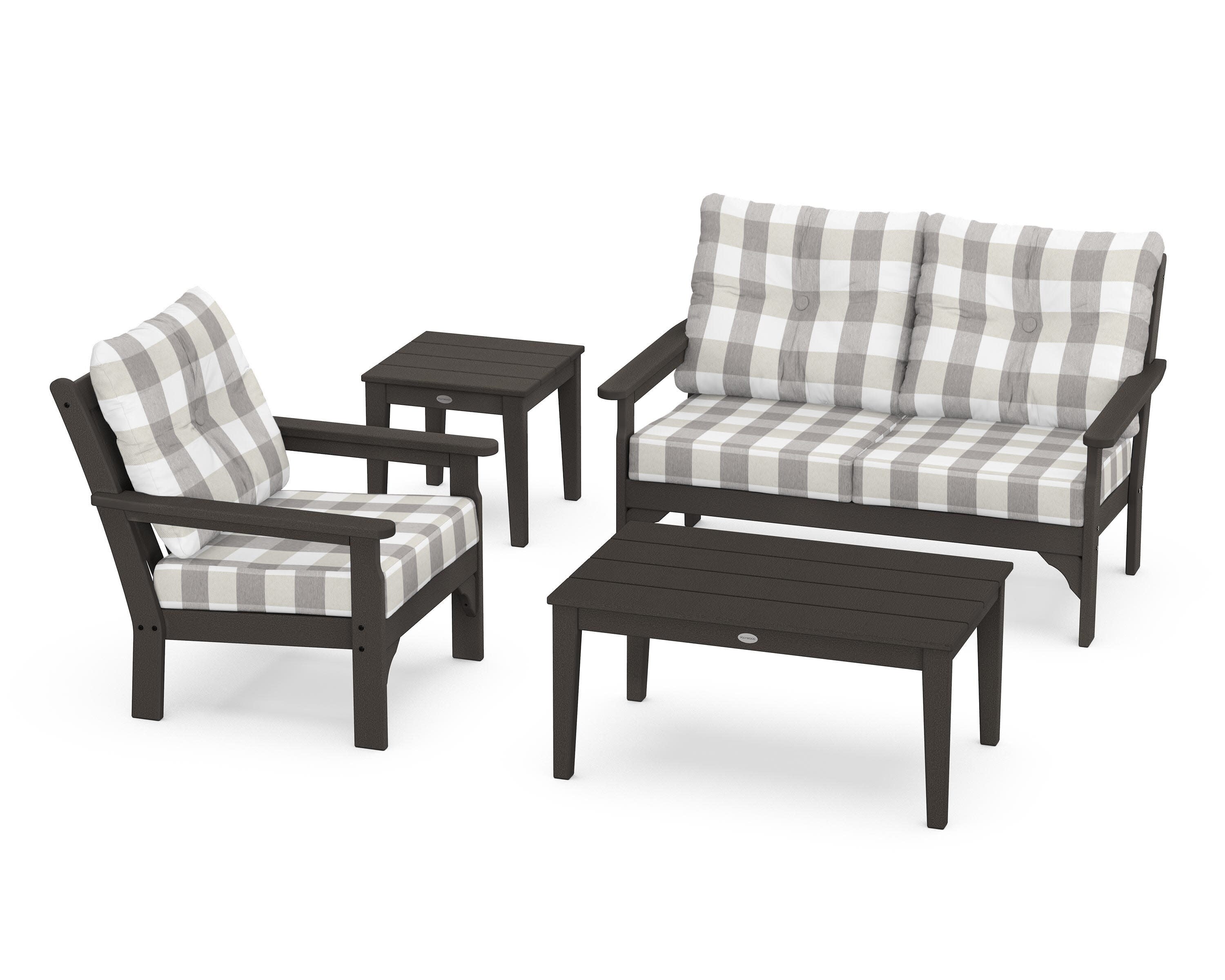 Vineyard 4-Piece Deep Seating Set in Vintage Coffee / Buffalo Plaid Grey Mist