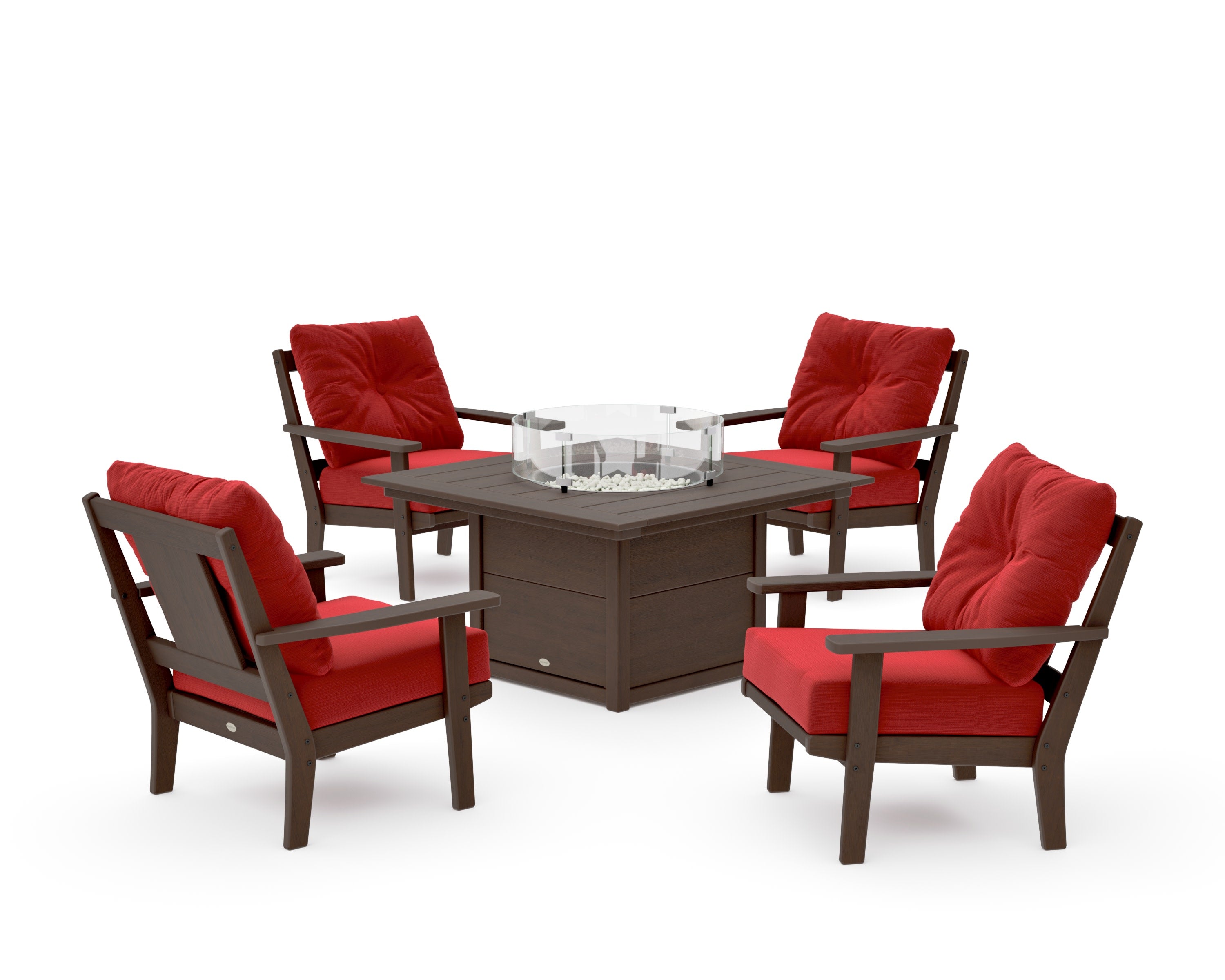 Prairie 5-Piece Deep Seating Set with Fire Pit Table in Kona / Crimson Linen