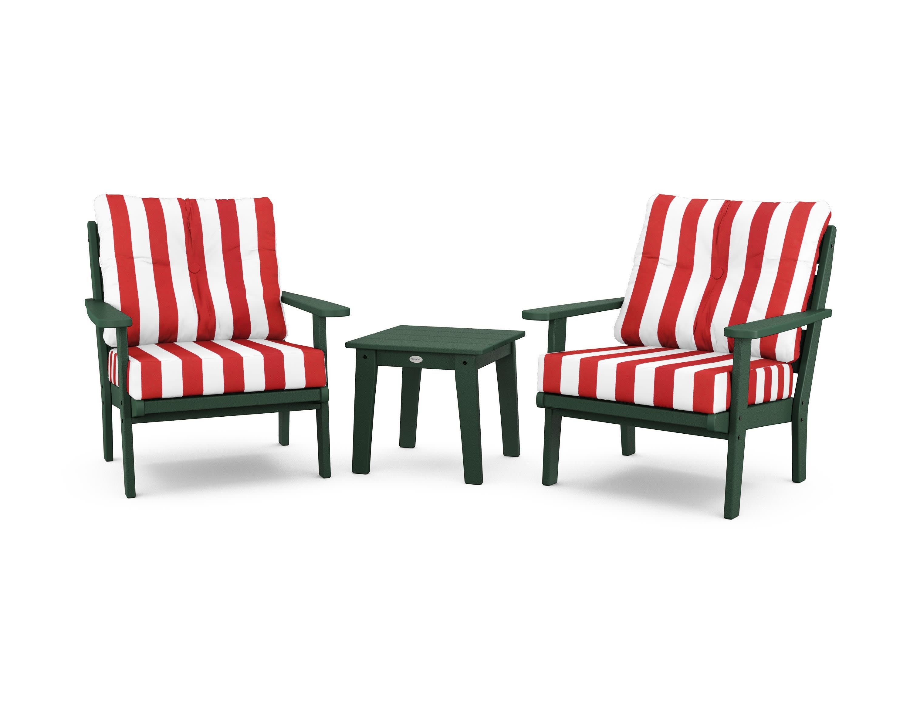 Lakeside 3-Piece Deep Seating Chair Set in Green / Cabana Stripe Crimson