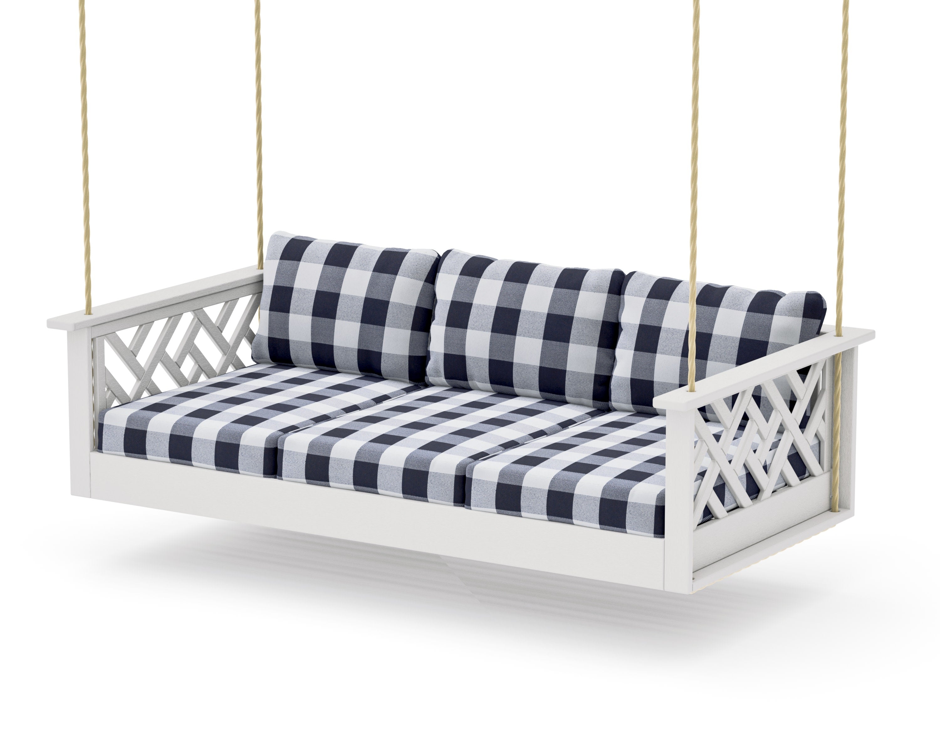 Chippendale Daybed Swing in Vintage White / Buffalo Plaid Navy