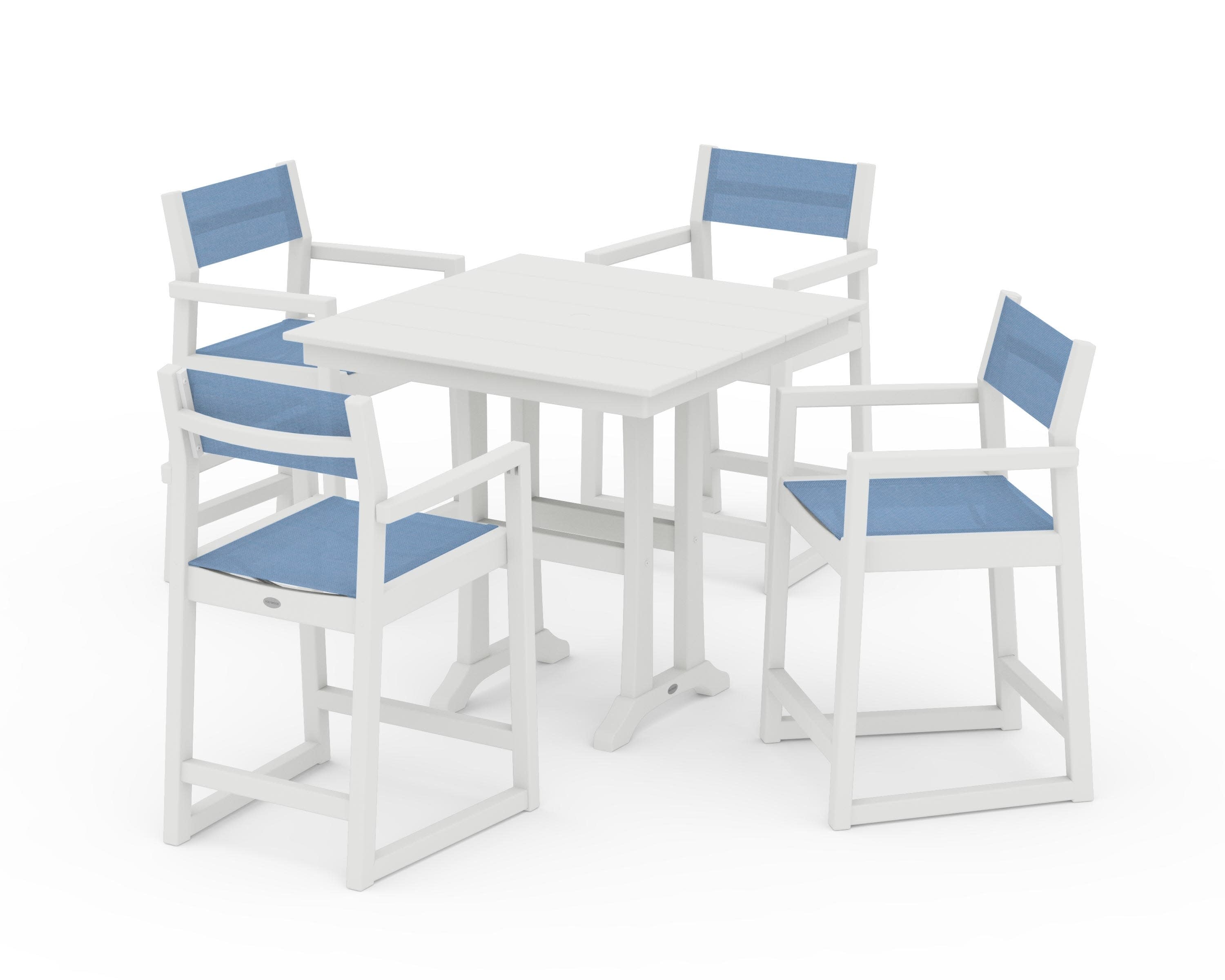 EDGE Sling Arm Chair 5-Piece Farmhouse Counter Set with Trestle Legs in Vintage White / Poolside Sling