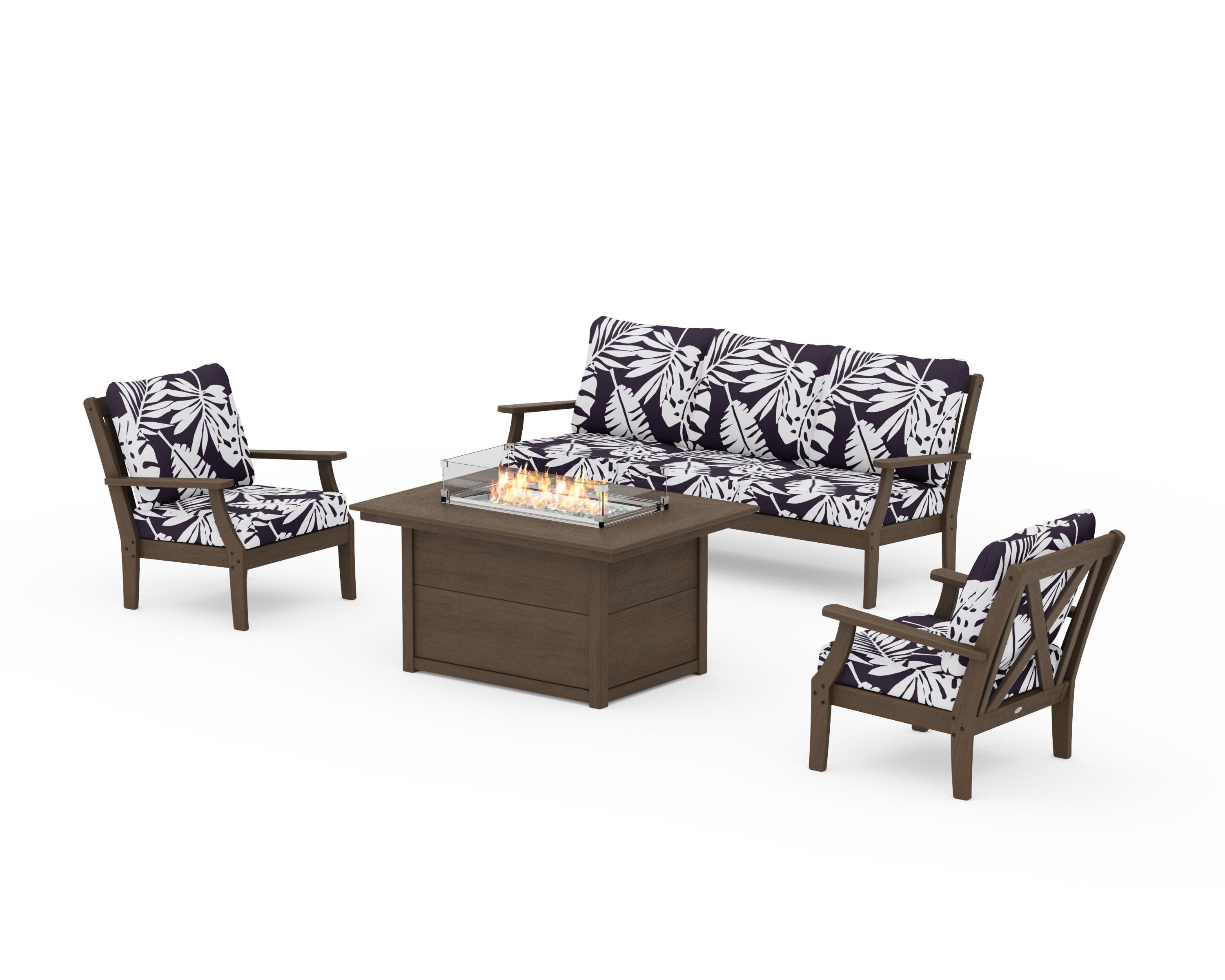 Braxton Deep Seating Fire Pit Table Set in Kona / Leaf Navy