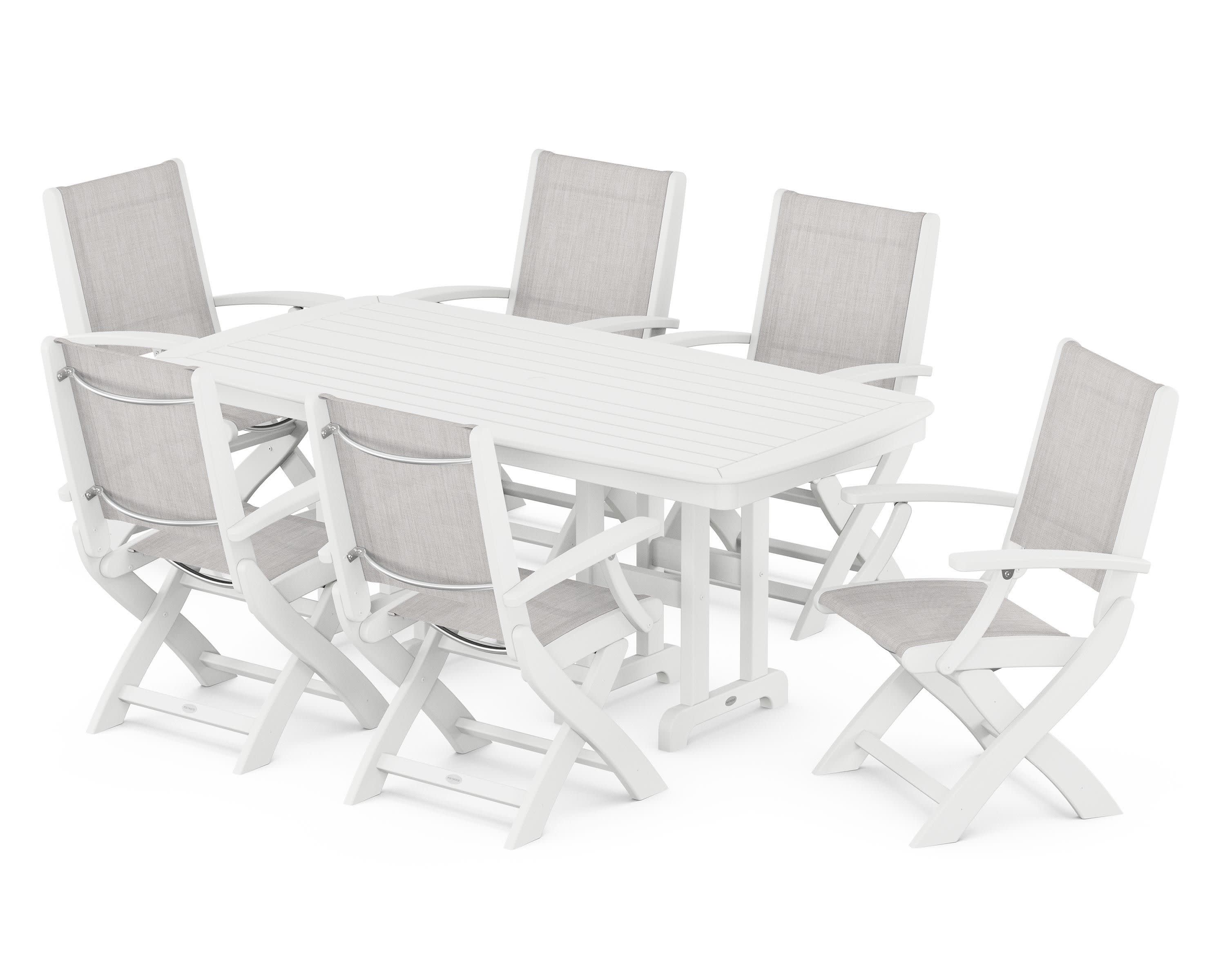 Coastal Folding Arm Chair 7-Piece Dining Set in White / Parchment Sling