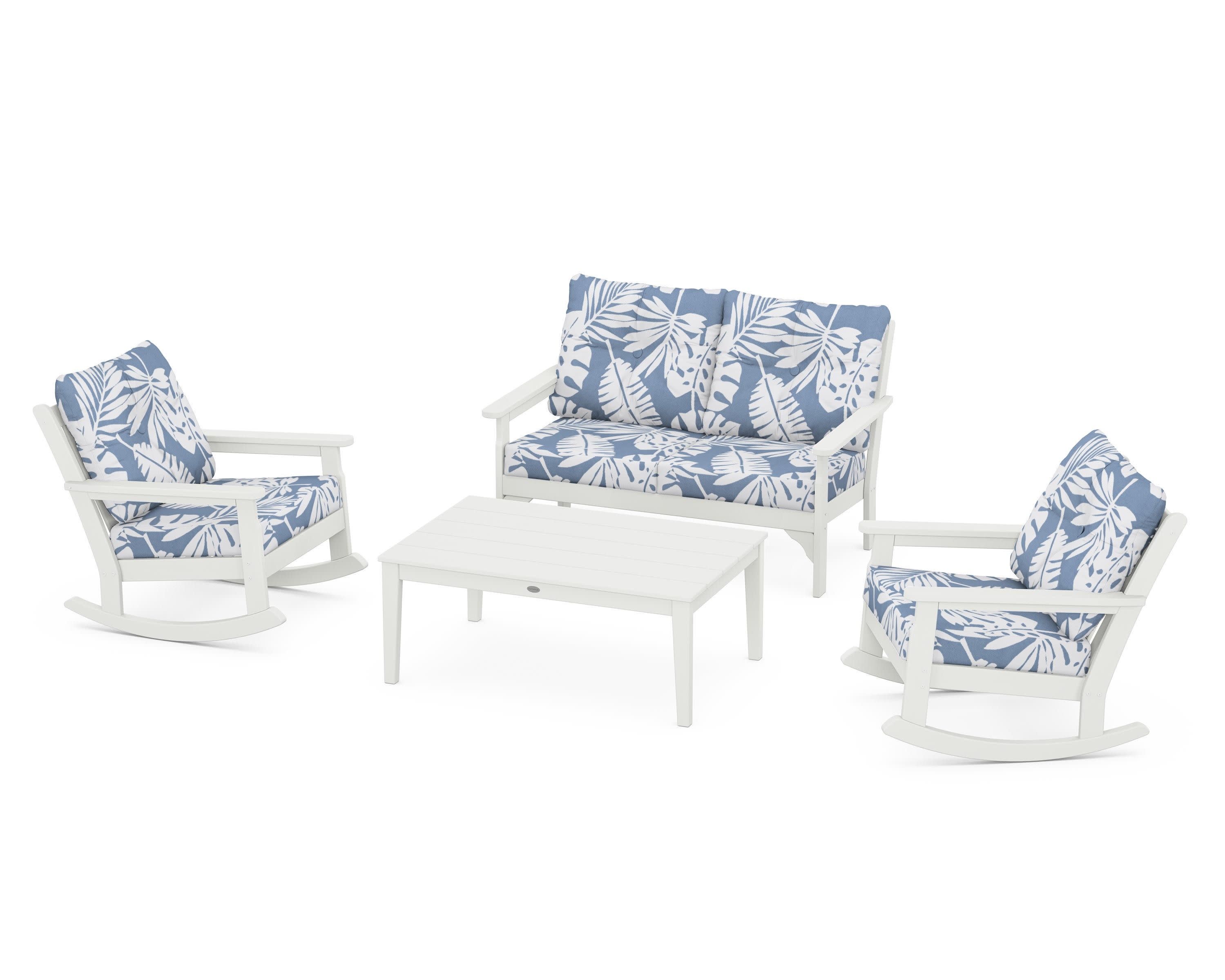 Vineyard 4-Piece Deep Seating Rocking Chair Set in Vintage White / Leaf Sky Blue