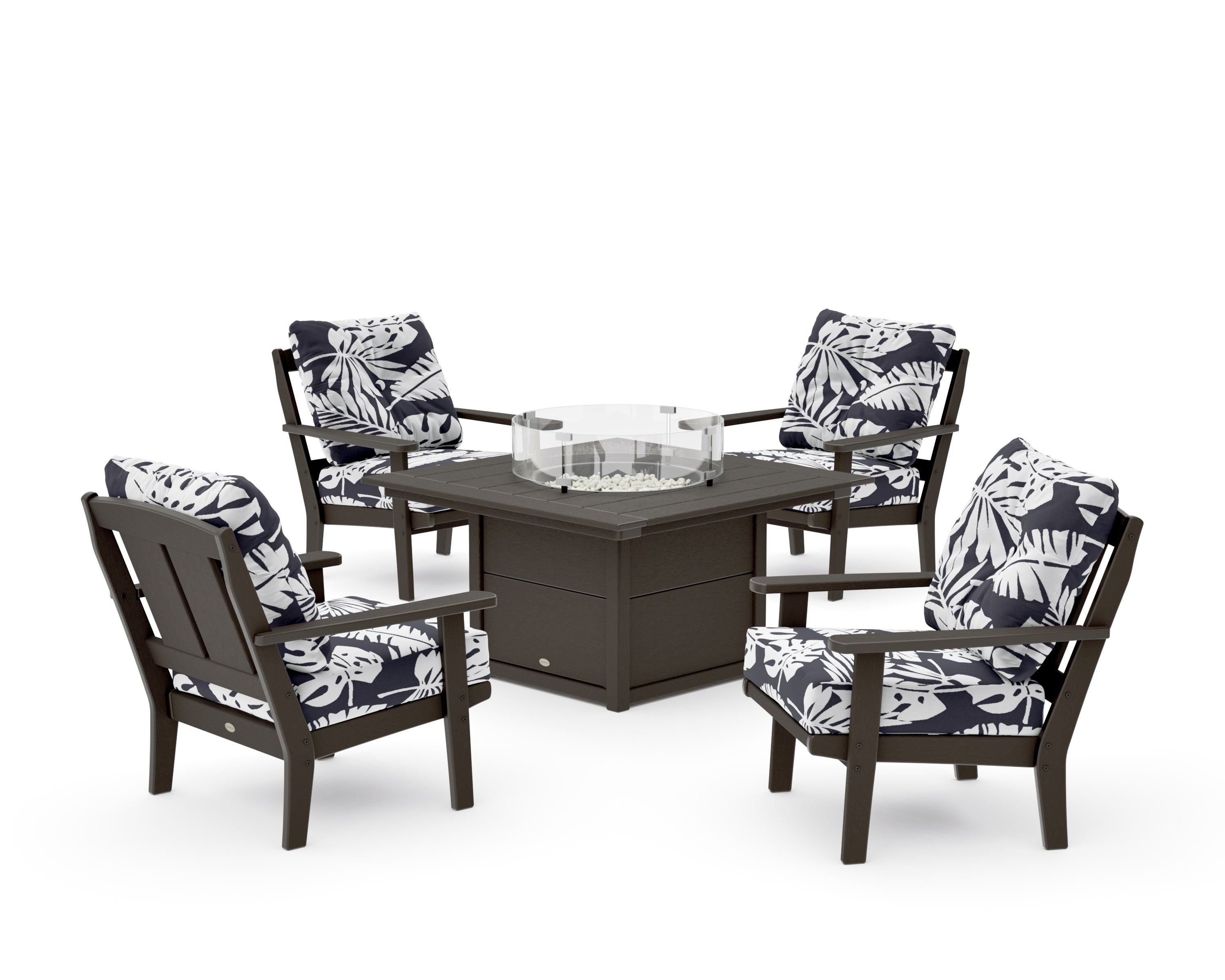 Mission 5-Piece Deep Seating Set with Fire Pit Table in Vintage Coffee / Leaf Navy
